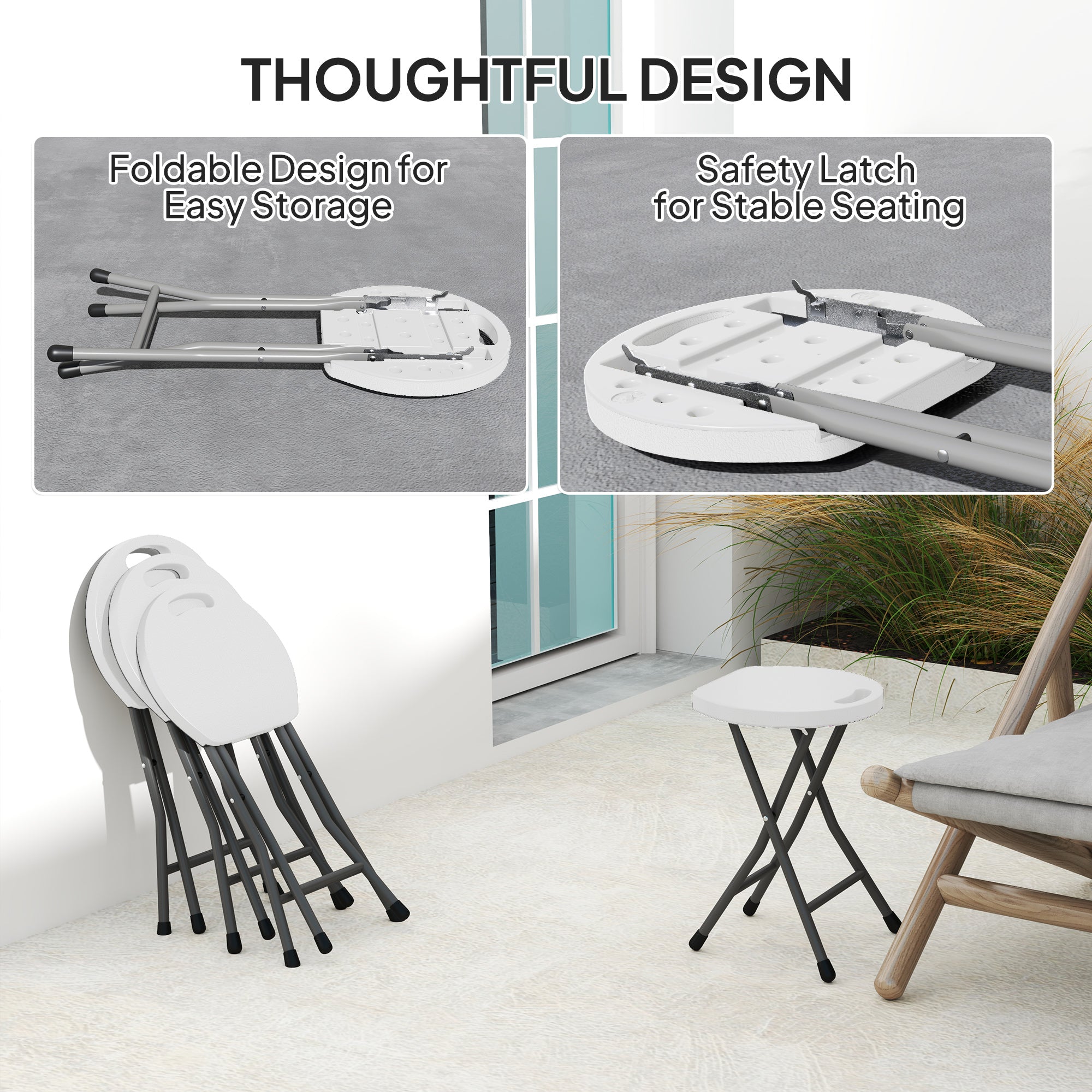 Outsunny Folding Stool Set of 4, Decorative Garden Stool Set with Safety Latch, Foldable Garden Stools with Powder-Coated Steel Legs HDPE Seat and Handle for Indoor and Outdoor, White - North Peak Garden Furniture
