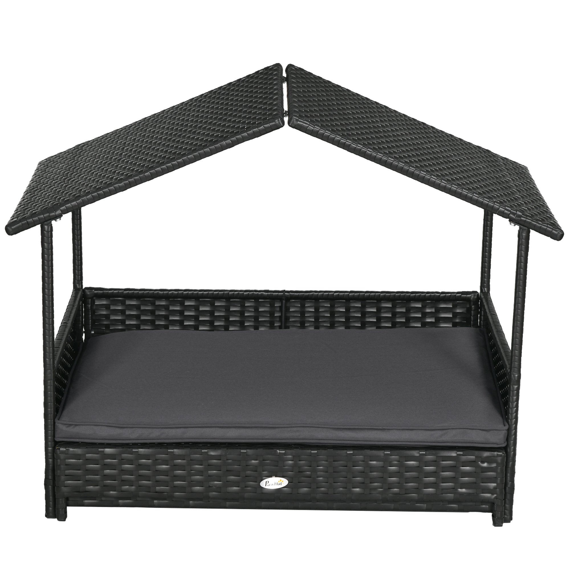 PawHut Extendable Elevated Dog Bed, Rattan Dog House w/ Water-Resistant Roof, Removable Cushion, for Small, Medium Dogs - Grey - North Peak Garden Furniture