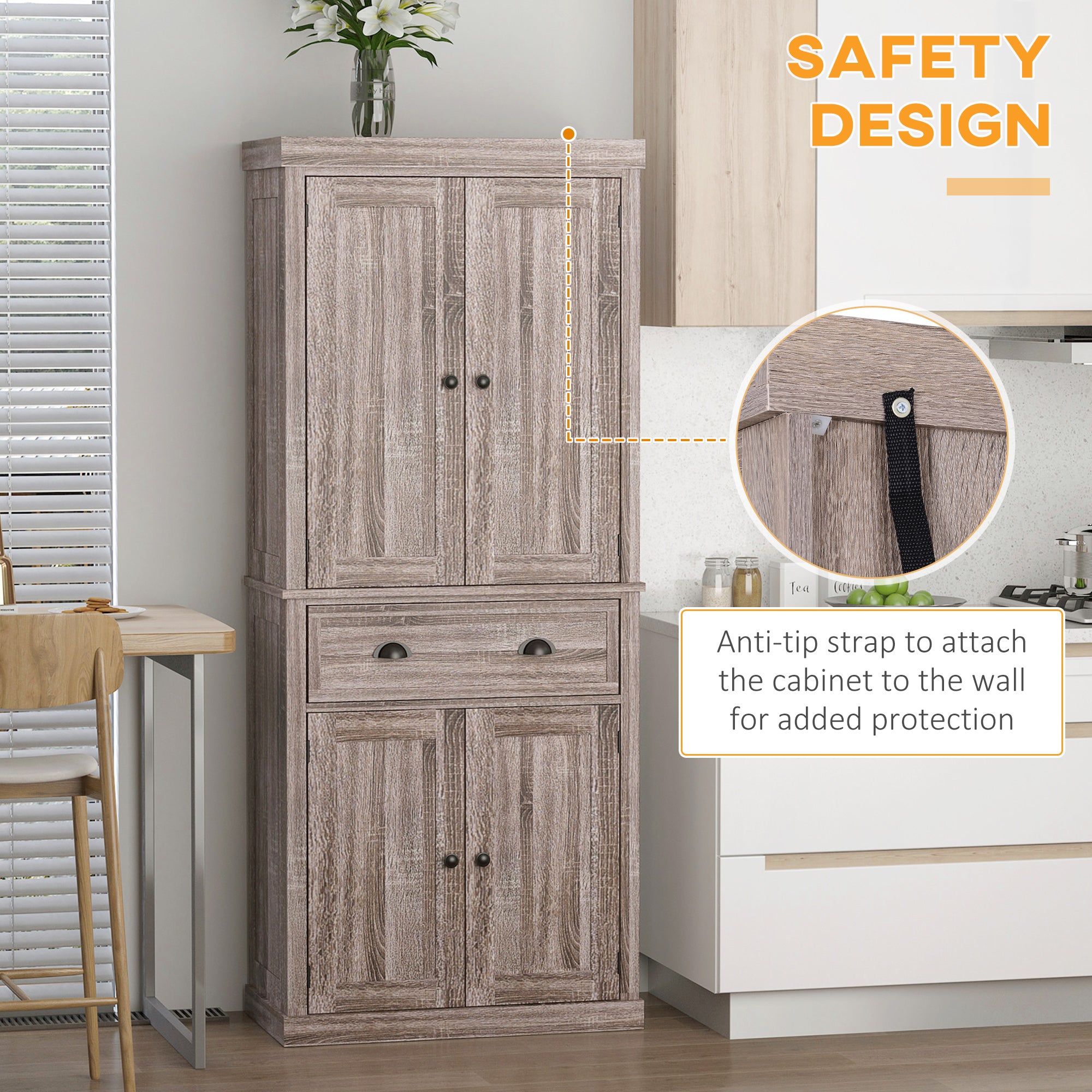 HOMCOM Freestanding Kitchen Cupboard, 184cm Tall Storage Cabinet with Doors and Shelves, Traditional Colonial 4-Door Kitchen Pantry Cupboard with Drawer, Dark Wood Grain - North Peak Garden Furniture