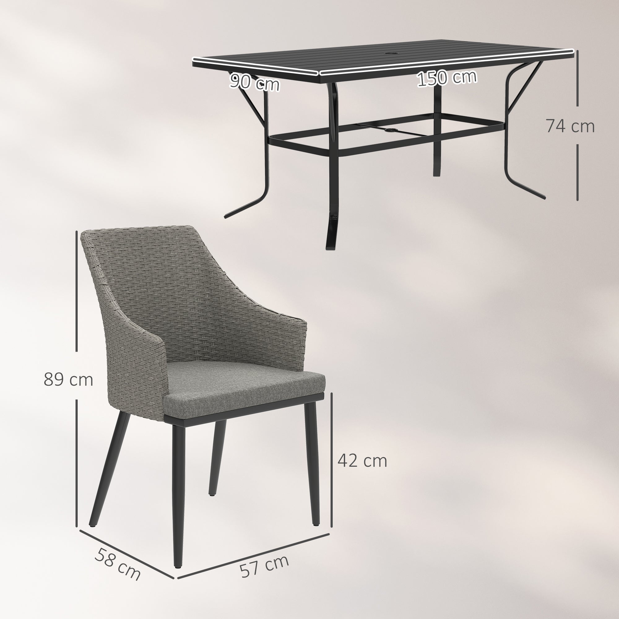 Outsunny 6 Seater Rattan Dining Set with Cushions, Garden Furniture Set with Armchairs, Rectangle Slatted Table Top, Steel Frame, Parasol Hole, Wicker Outdoor Furniture for Patio, Balcony, Grey - North Peak Garden Furniture