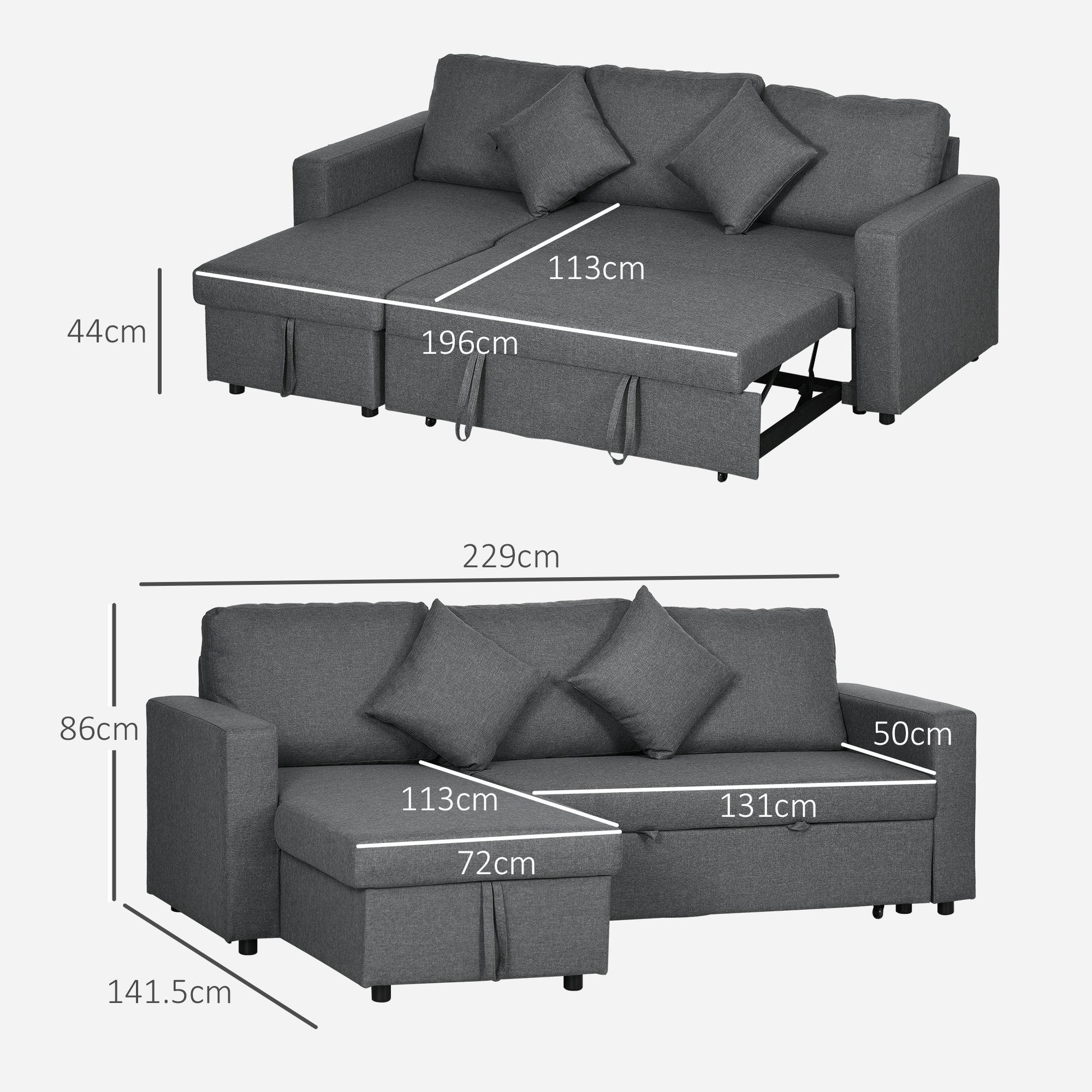 HOMCOM Corner Sofa Bed with Storage, 3 Seater Pull Out Sofa Bed, Convertible L Shape Sofa Couch with Reversible Chaise Lounge for Living Room, Dark Grey - North Peak Garden Furniture