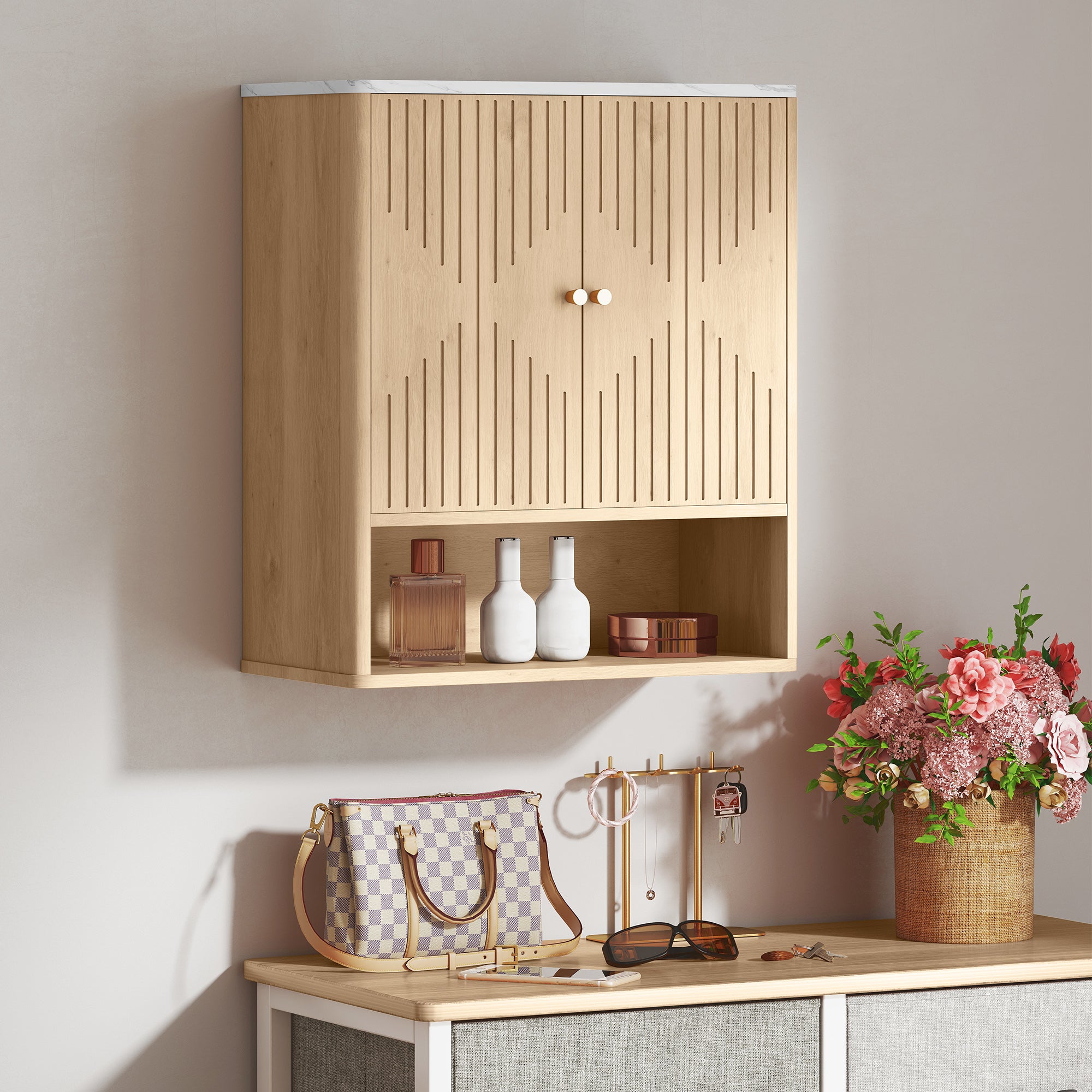 HOMCOM Bathroom Wall Cabinet with Adjustable Shelf - Oak