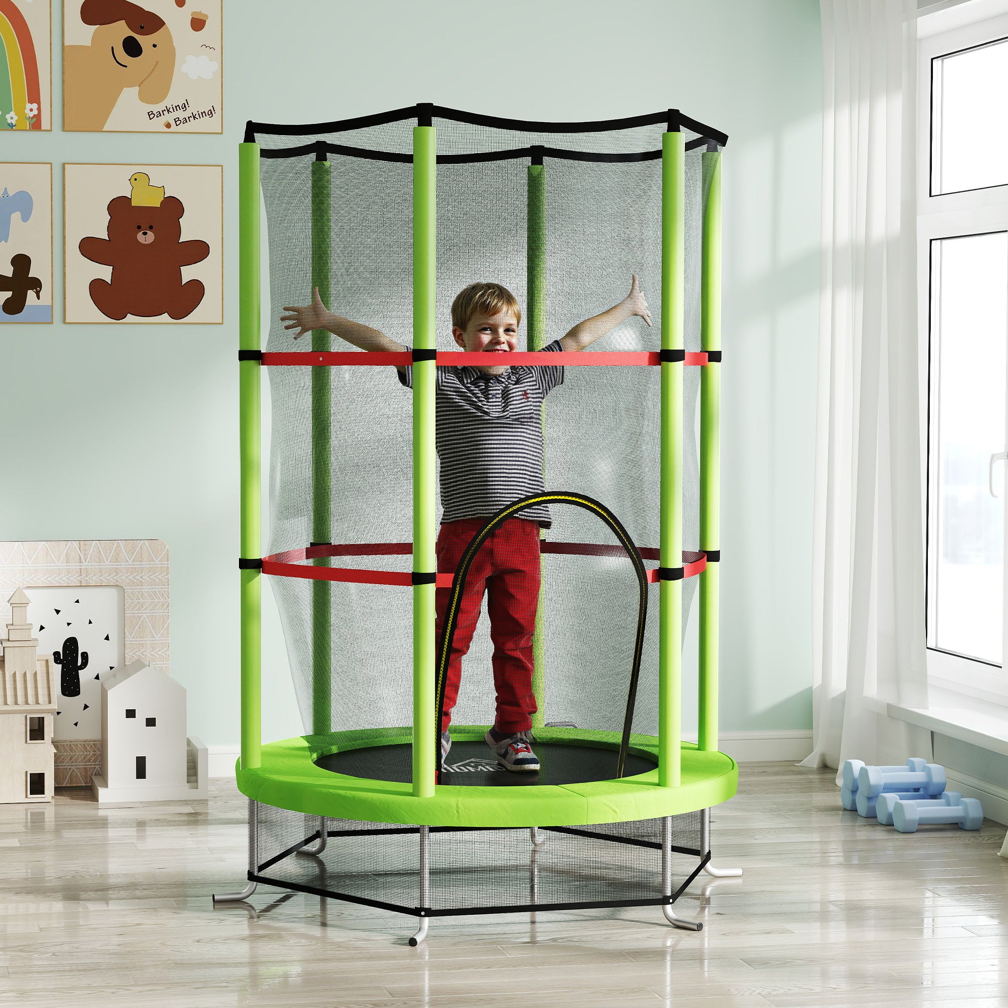 HOMCOM Kids Trampoline, with Enclosure Net, Steel Frame, for Ages 3-6 Years - Green - North Peak Garden Furniture