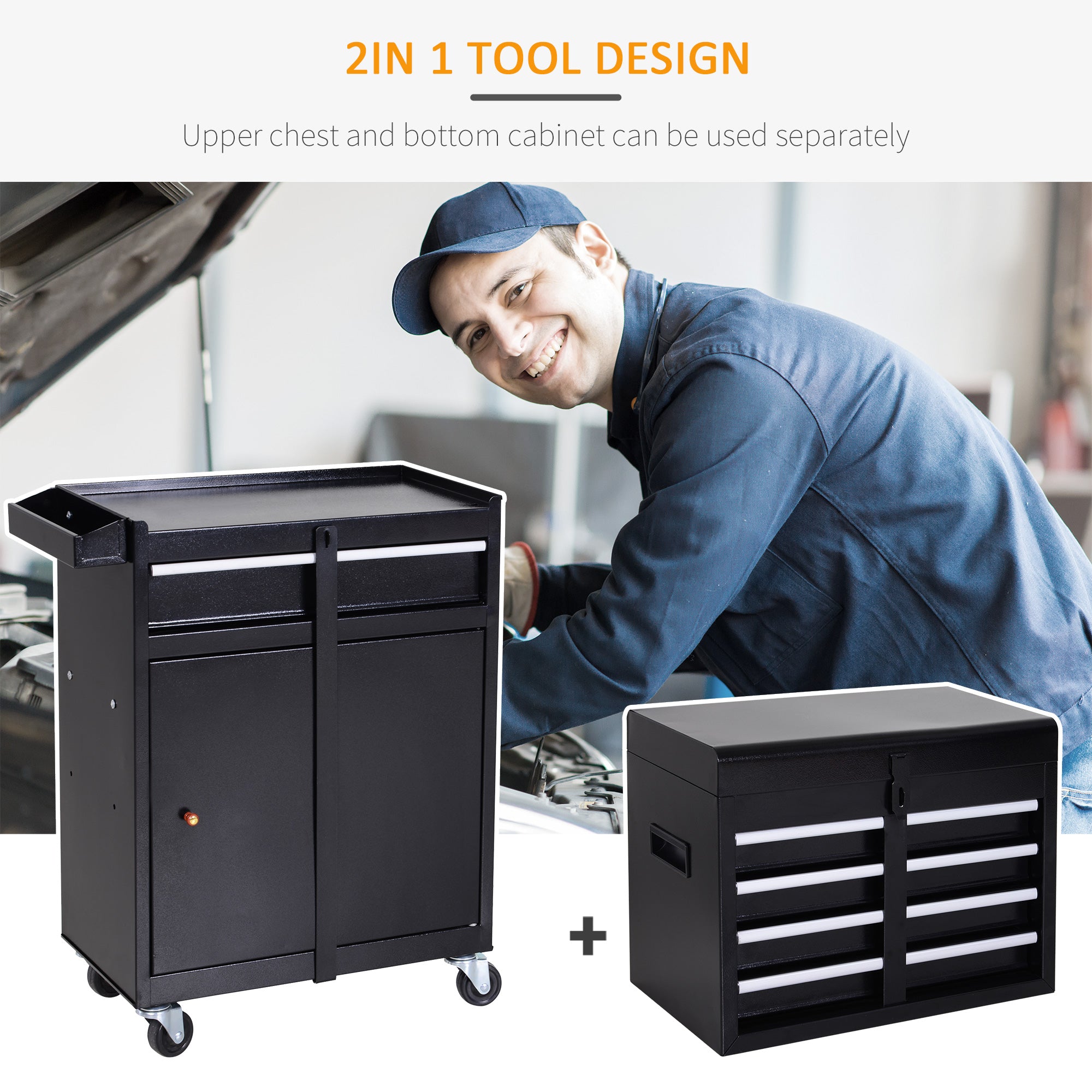 DURHAND Tool Chest 2 in 1 Metal Tool Cabinet Storage Box with 5 Drawers Pegboard Wheels 60x28x104.5cm Black - North Peak Garden Furniture