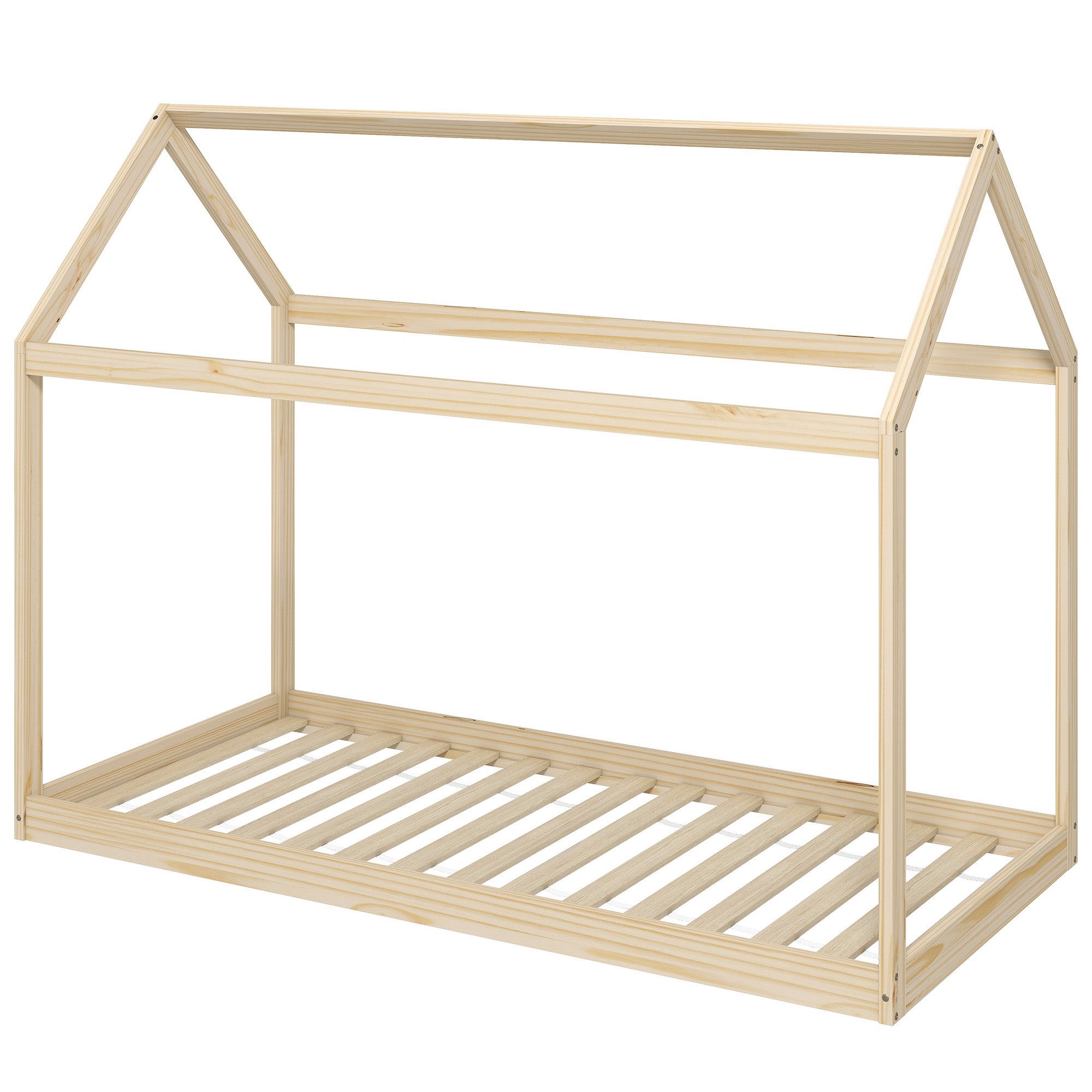 HOMCOM Single Bed Frame, House Scandinavian Wooden Bed Frame for 90W x 190Dcm Mattress, Pine Wood Bed Base, Natural Wood Finish