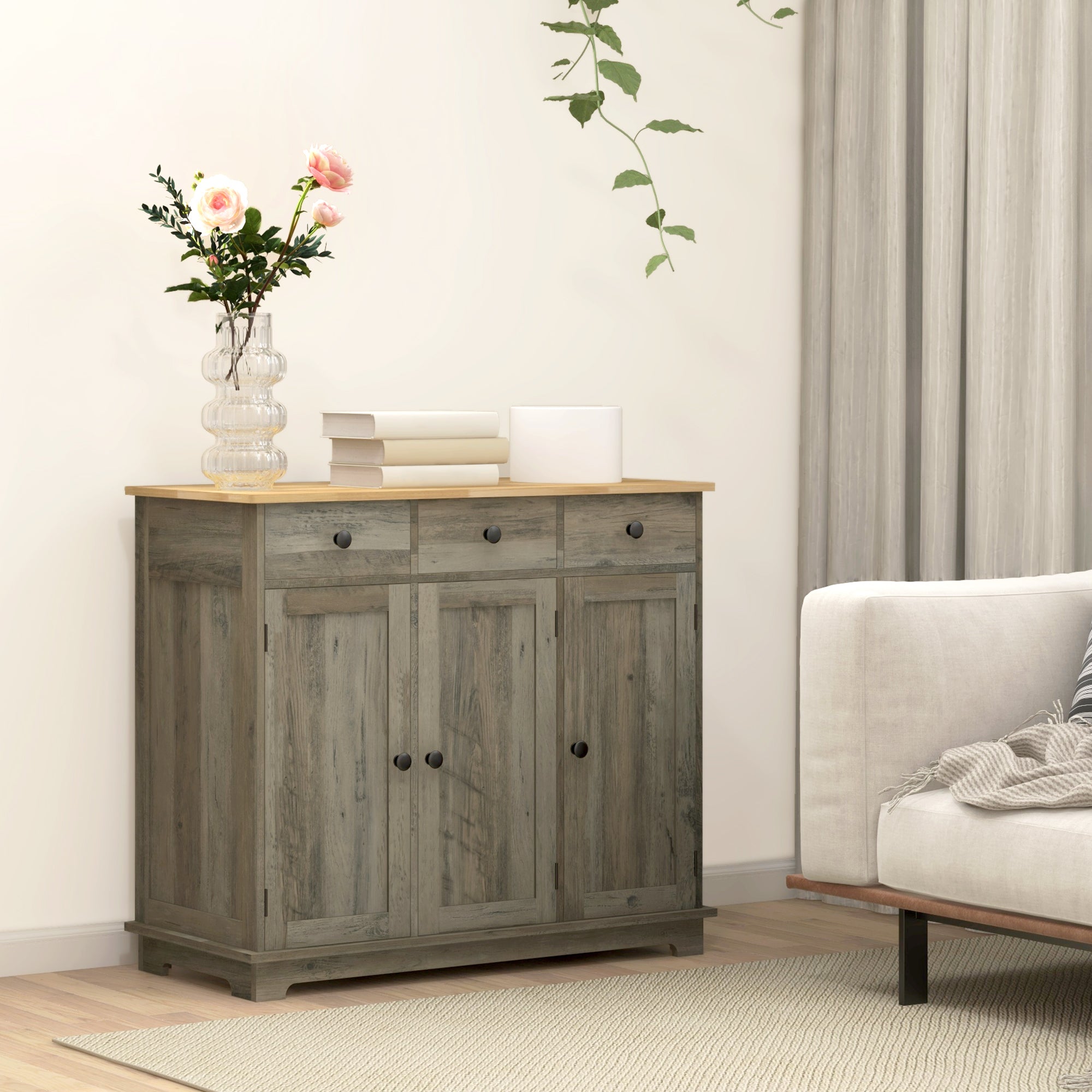 HOMCOM Modern Sideboard with Rubberwood Top, Buffet Cabinet with Storage Cabinets, Drawers and Adjustable Shelves for Dining Room, Kitchen, Grey Wood-Effect - North Peak Garden Furniture