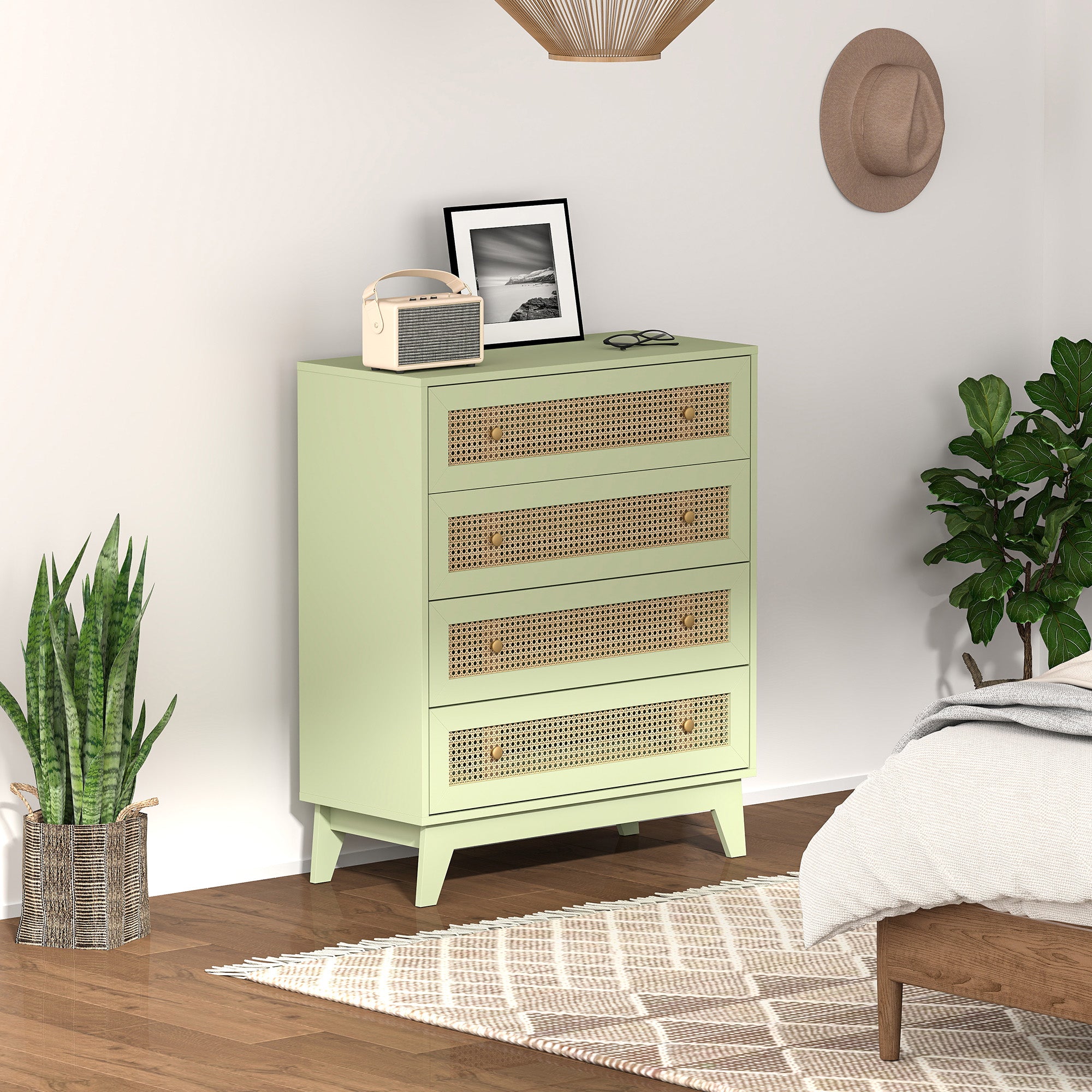 HOMCOM Chest of Drawers, 4-Drawer Storage Organiser Unit with Rattan Element for Bedroom, Living Room, Light Green - North Peak Garden Furniture