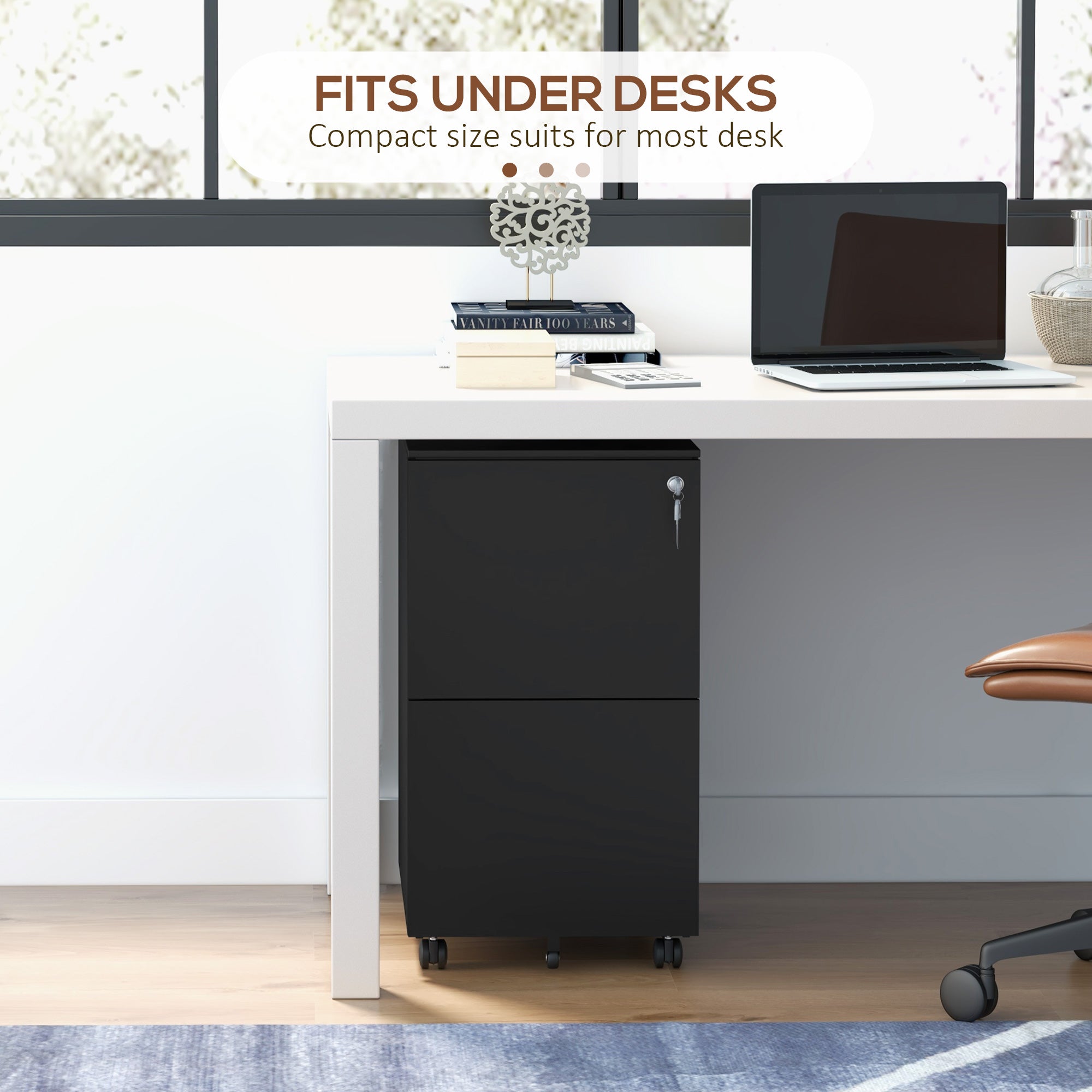 Vinsetto 2-Drawer Vertical Filing Cabinet with Lock and 5 Wheels, Steel Mobile File Cabinet, for A4, Legal and Letter Size, Pre-Assembled Body, Black - North Peak Garden Furniture
