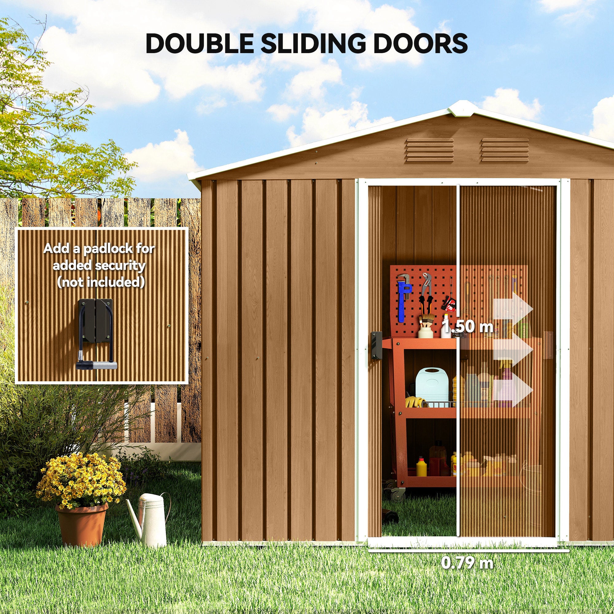 Outsunny 8 x 6ft Outdoor Garden Storage Shed, Metal Tool House with Ventilation and Sliding Doors Chocolate Wood Effect