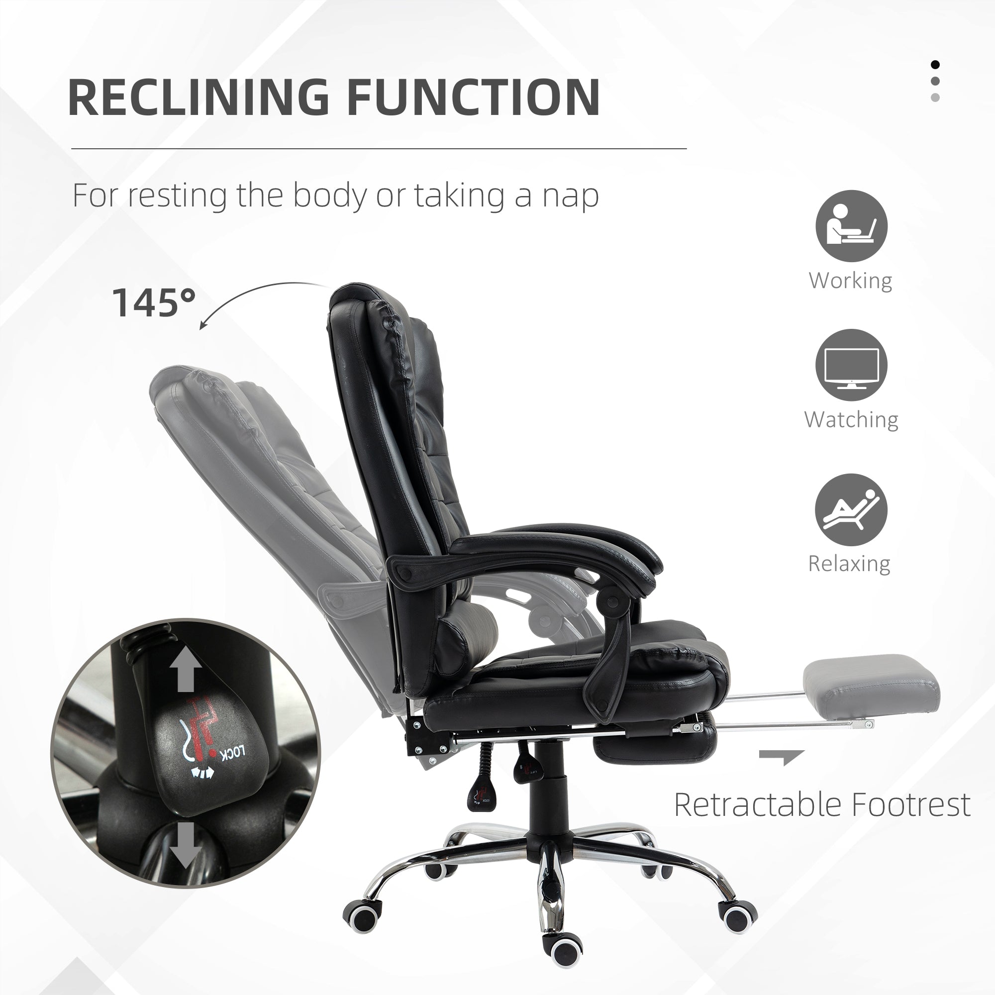 HOMCOM Executive Office Chair, PU Leather Home Office Chair with Swivel Wheels, Reclining Backrest, Retractable Footrest, Black - North Peak Garden Furniture