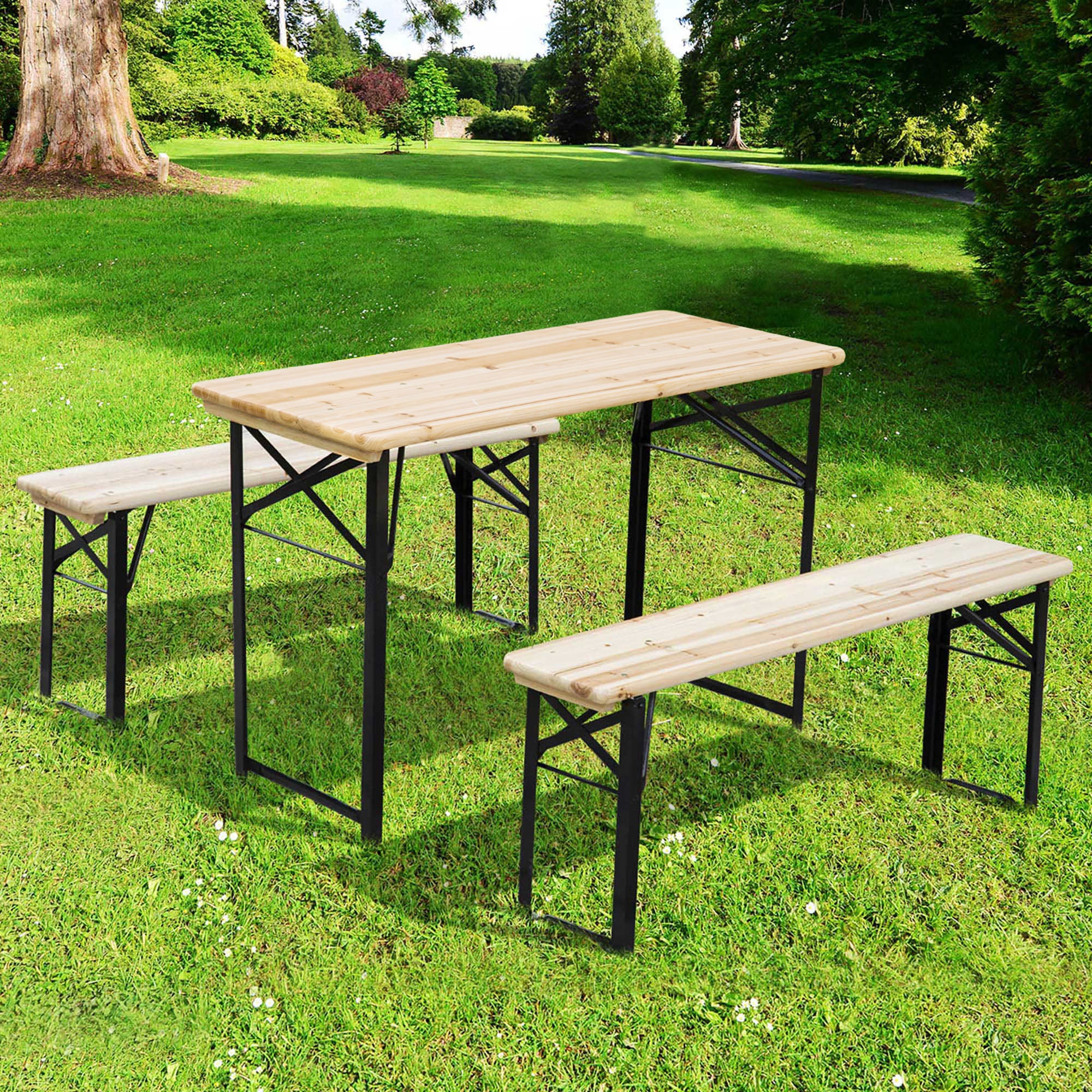 Outsunny Portable Folding Camping Picnic Trestle Beer Table and Bench Set Garden BBQ Chairs Stools Wooden Wood (120cm(L) x 25cm(W) x 46cm(H)) - North Peak Garden Furniture