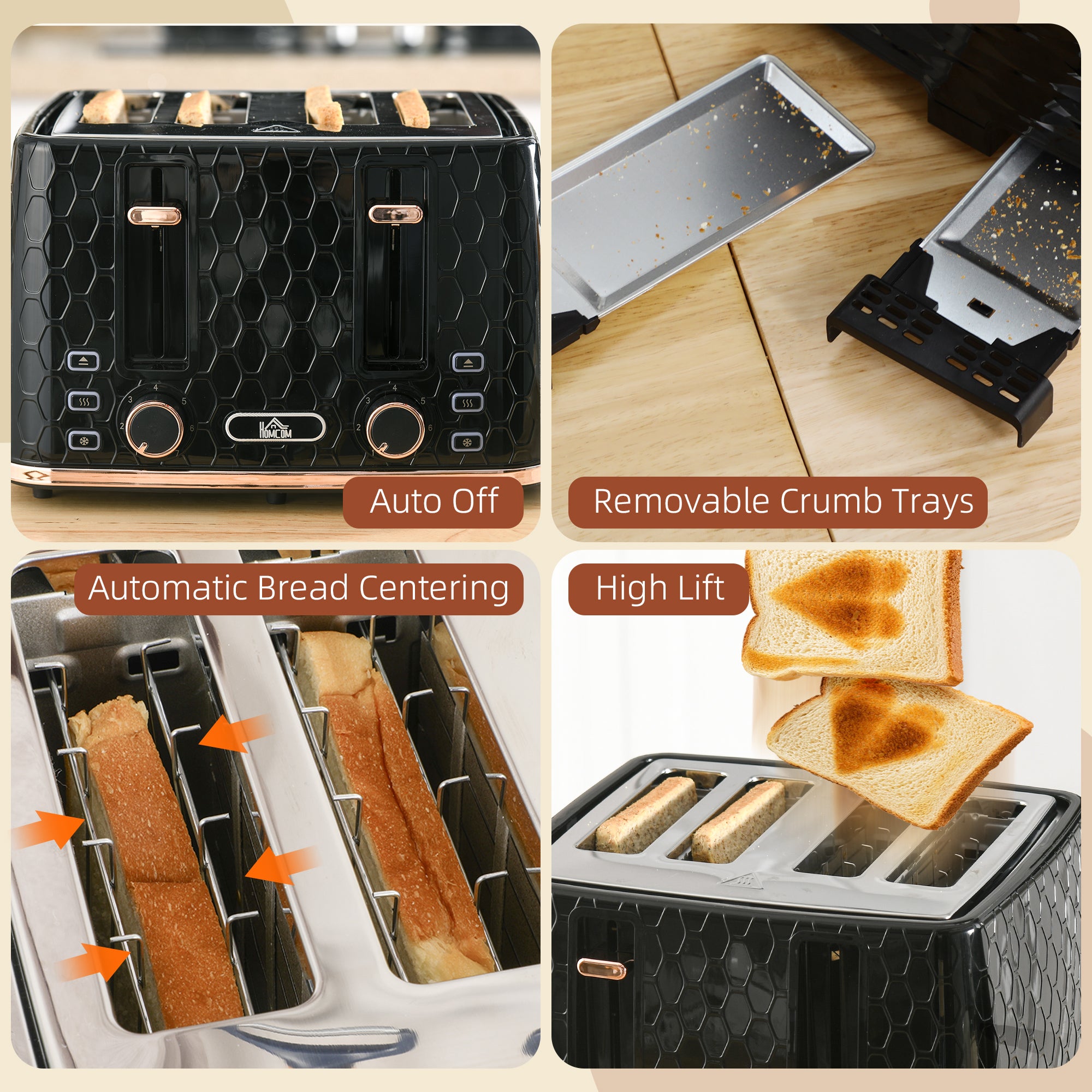 HOMCOM 4 Slice Toaster with 7 Browning Levels, High Lift, Reheat/Defrost/Cancel, Self-centring Function, Removable Crumb Tray, Auto Off, 1600W, Black Honeycomb Texture - North Peak Garden Furniture