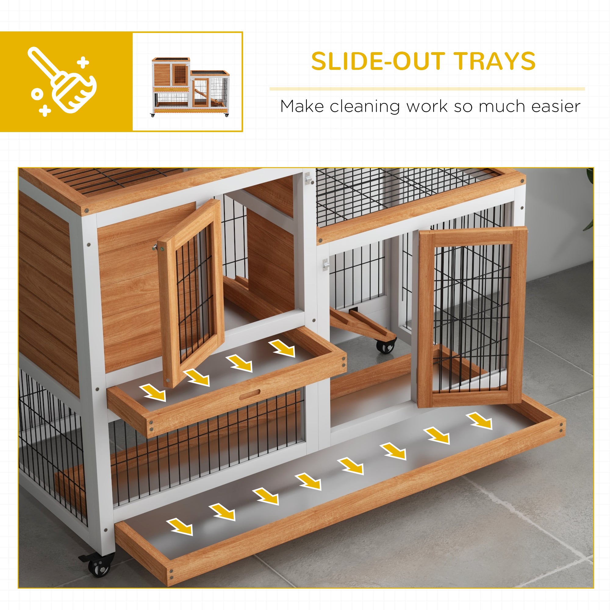 PawHut Wooden Indoor Hutch Elevated Cage w/ Wheel, Run, Yellow - North Peak Garden Furniture