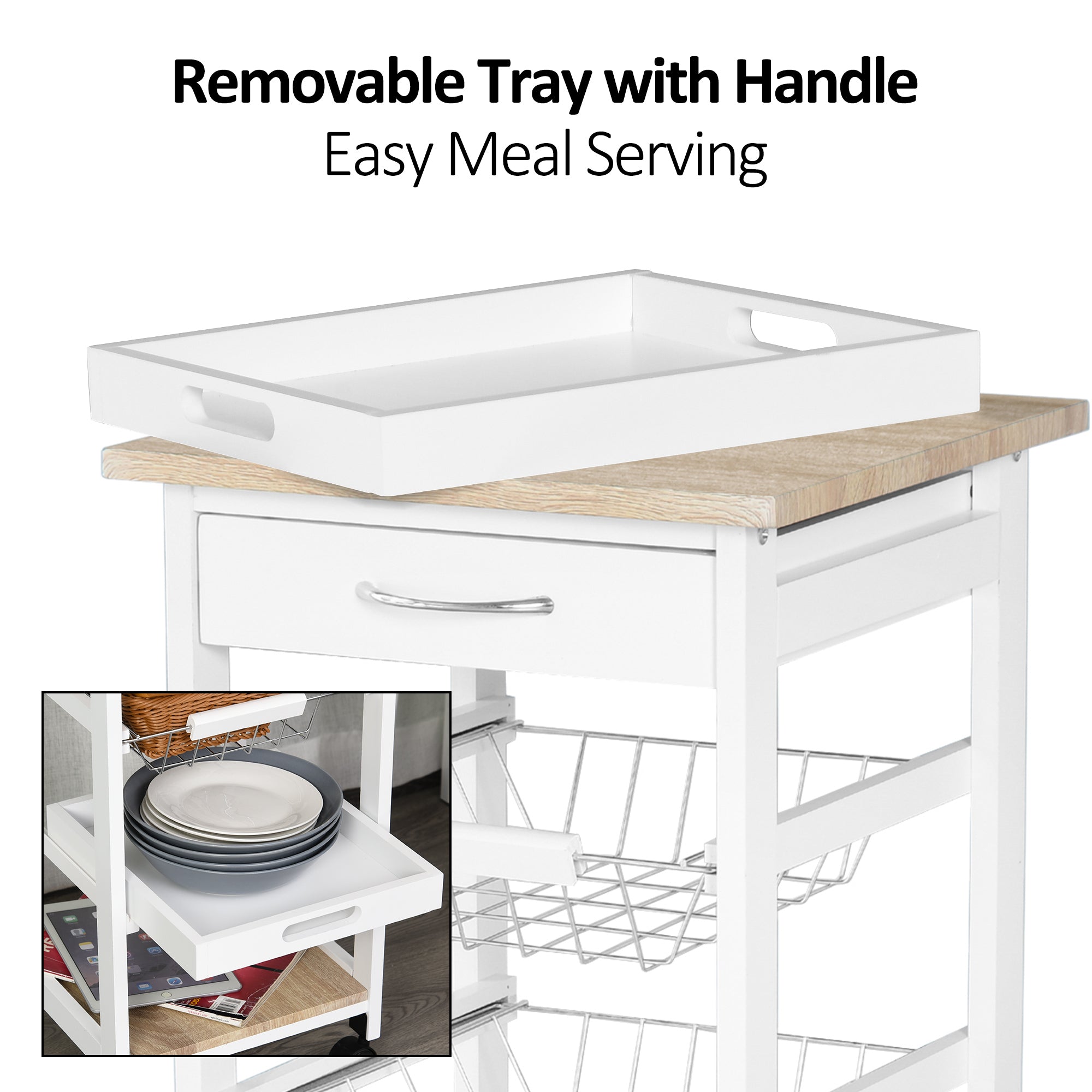 HOMCOM Mobile Rolling Kitchen Island Trolley for Home w/ Metal Baskets Trays Shelves Wheels Compact Stylish Storage White - North Peak Garden Furniture