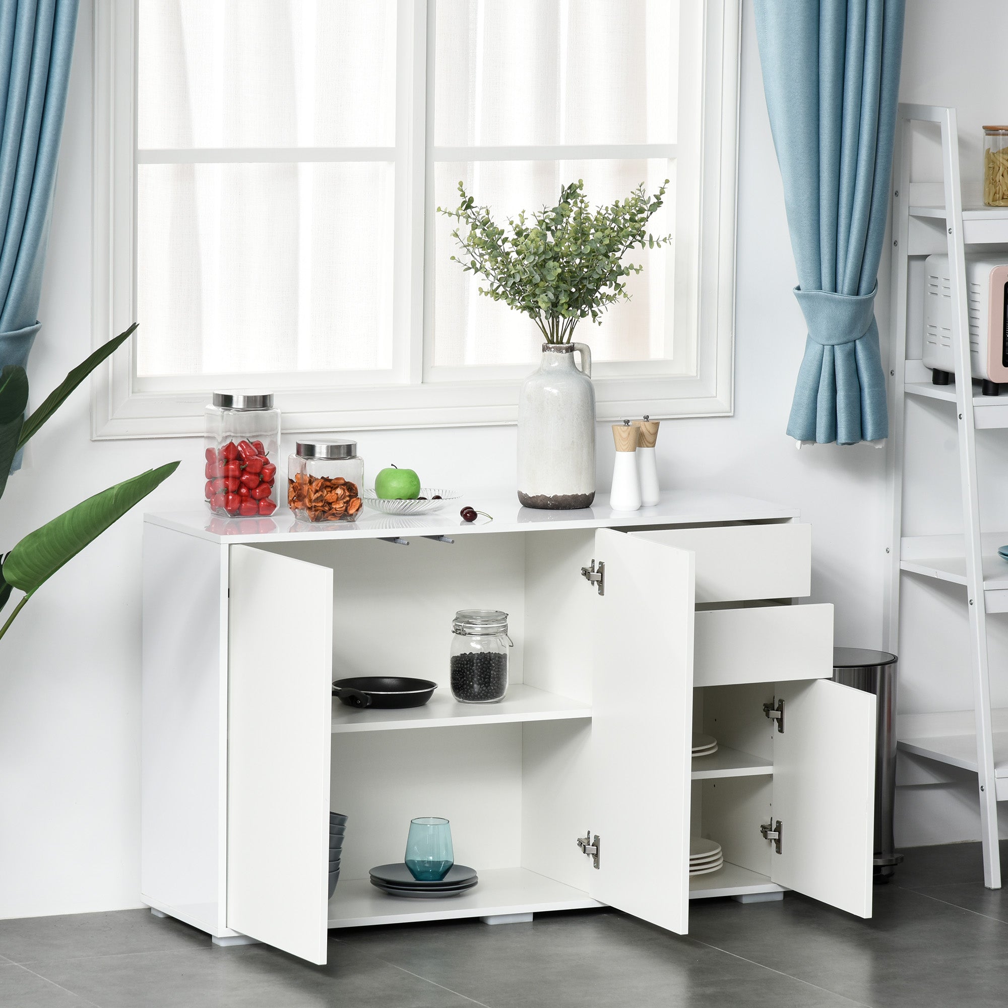 HOMCOM High Gloss Sideboard, Side Cabinet, Push-Open Design with 2 Drawer for Living Room, Bedroom, White