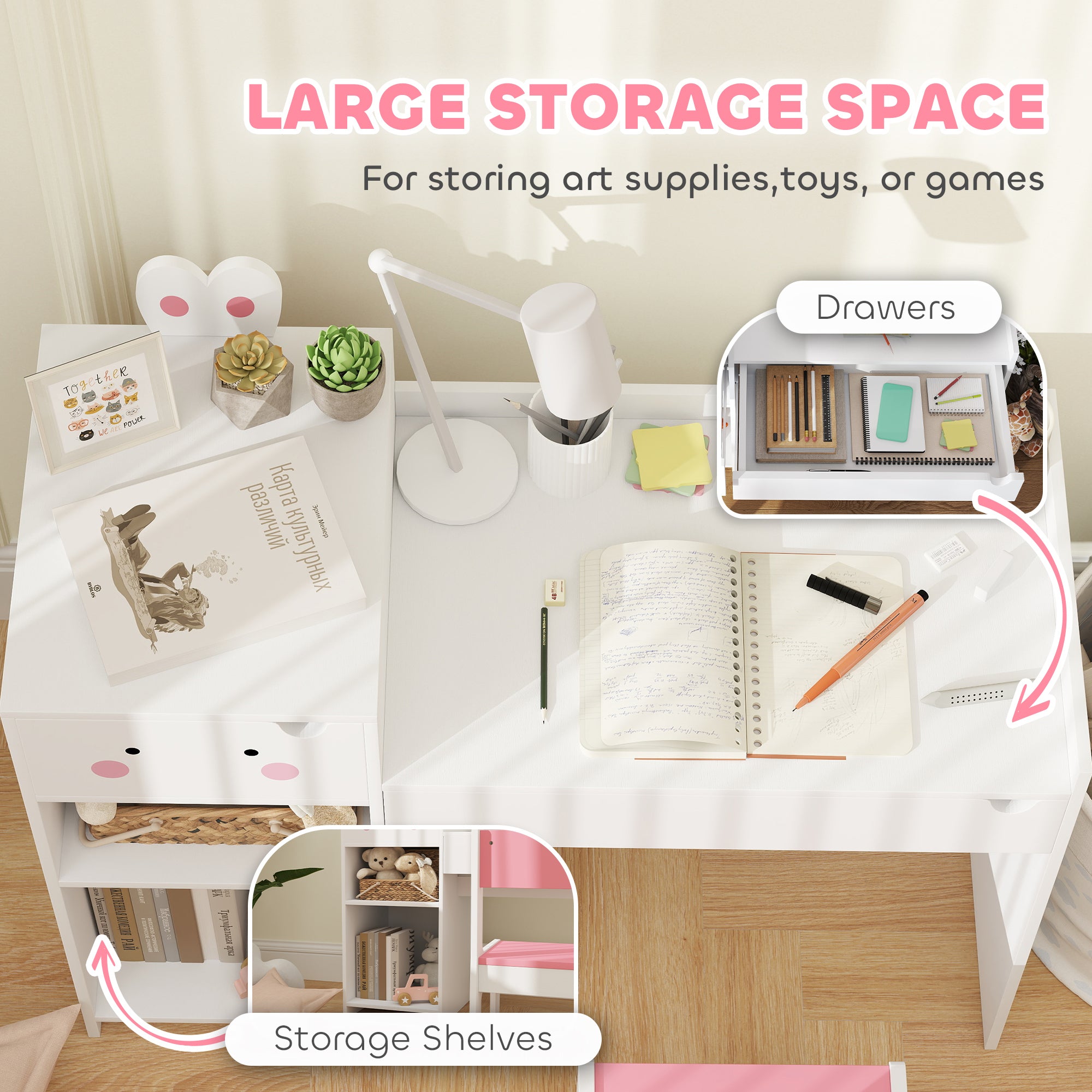 AIYAPLAY Rabbit Themed Kids Desk and Chair Set with Bookcase, Drawers, Storage Shelves, for 3-6 Years, White - North Peak Garden Furniture