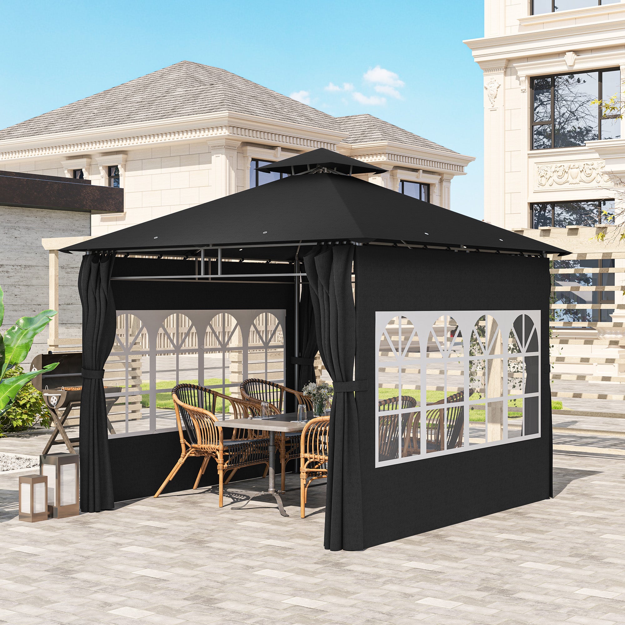 Outsunny 3 x 3 m Garden Gazebo, Double Roof Metal Gazebo with Removable Sidewalls and Church Windows, Outdoor Canopy Shelter, Black - North Peak Garden Furniture