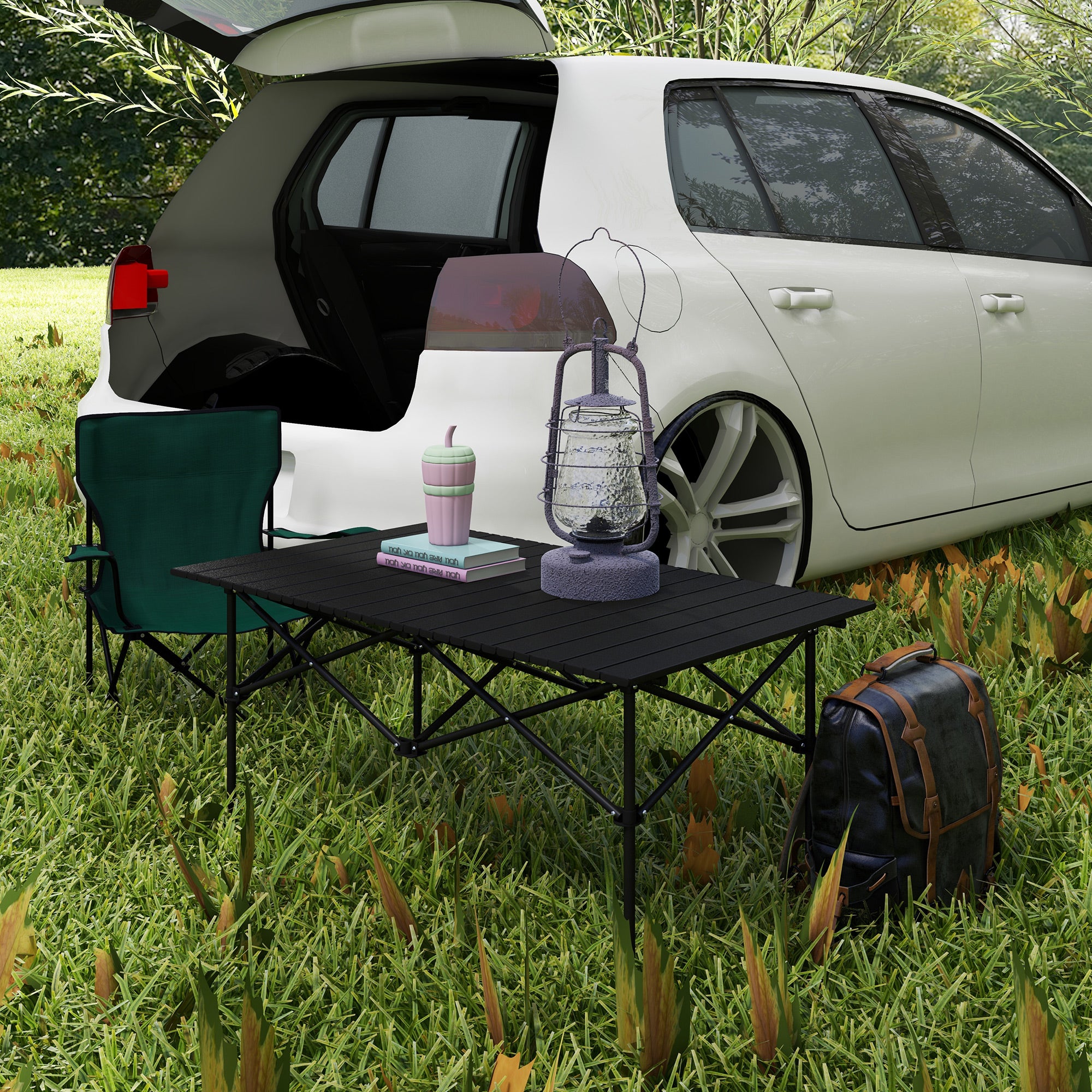 Outsunny Two-Seater Portable Aluminium Table, with Roll-Up Tabletop and Bag - Black - North Peak Garden Furniture