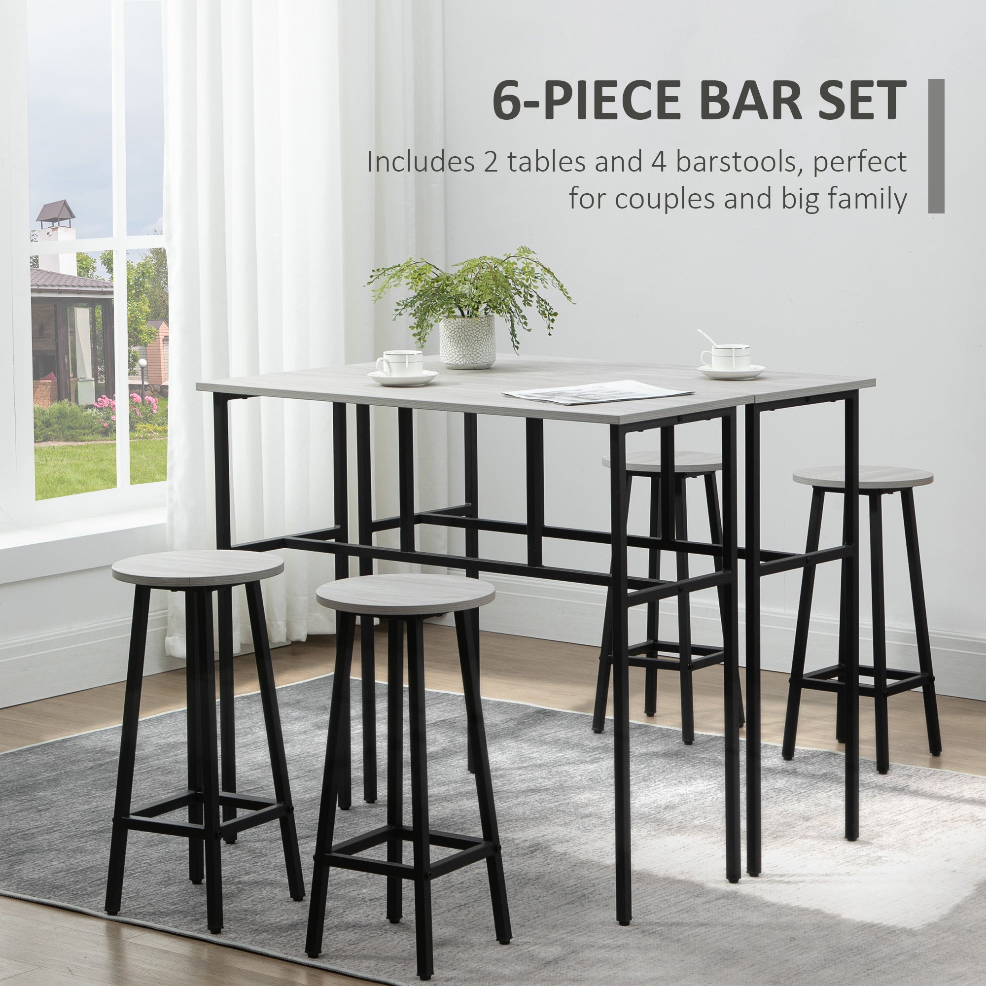 HOMCOM 6-Piece Bar Table Set, 2 Breakfast Tables with 4 Stools, Counter Height Dining Tables & Chairs for Kitchen, Living Room, Grey - North Peak Garden Furniture
