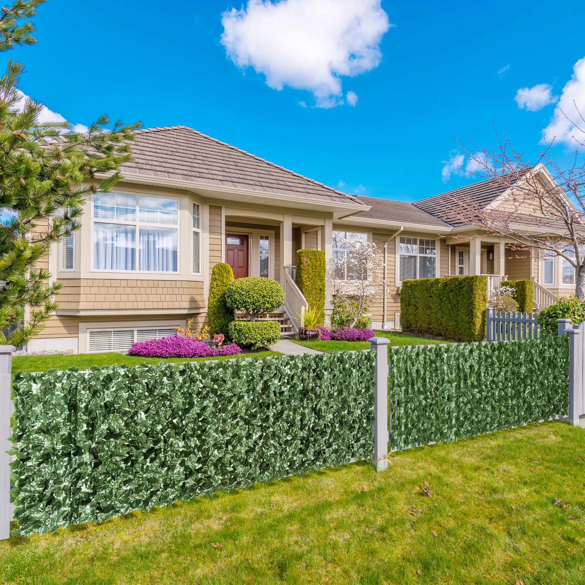 Outsunny 2-Piece Artificial Leaf Hedge Screen Privacy Fence Panel for Garden Outdoor Indoor Decor, Dark Green, 2.4M x 1M - North Peak Garden Furniture
