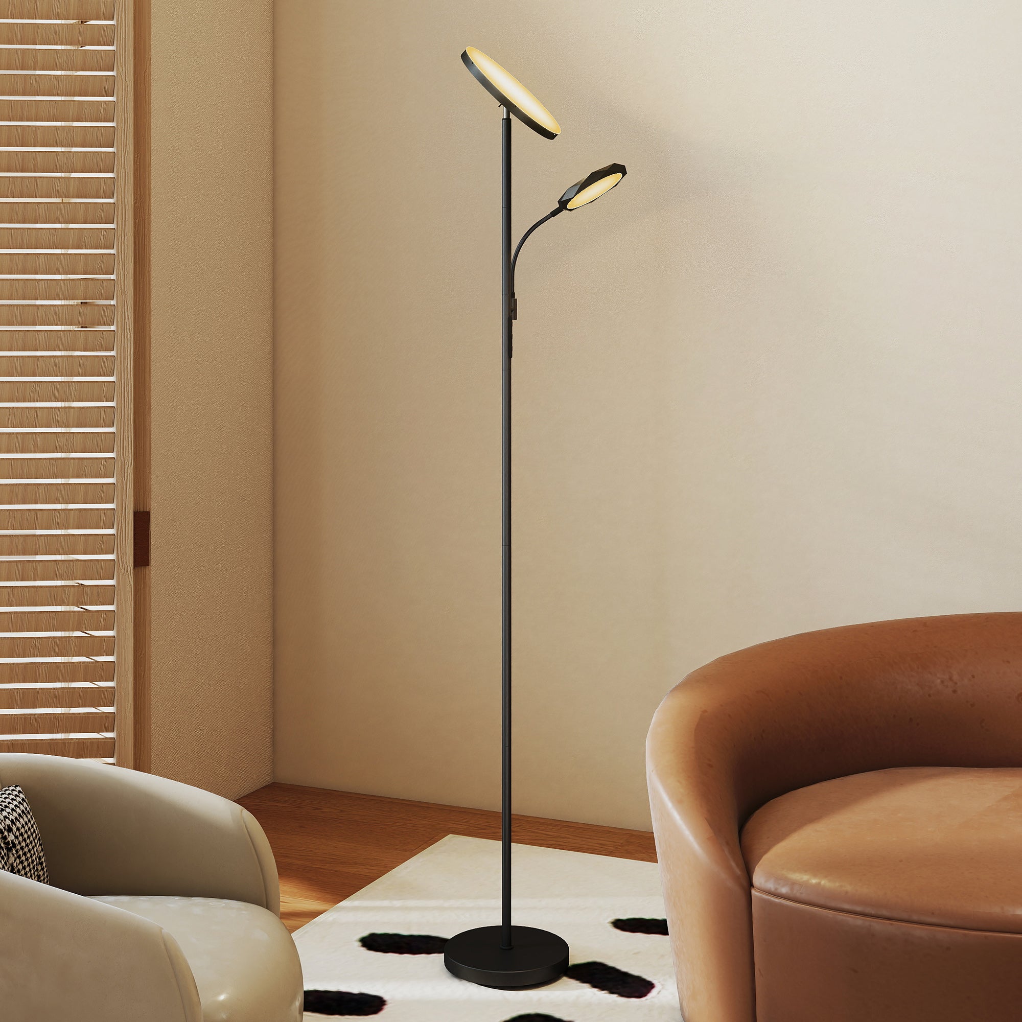 HOMCOM Mother and Child Uplighter Floor Lamp for Living Room, Stepless Dimmable Standing Lamp with Reading Light, 4 Scene Modes, 2700K-6500K Colour Temps, 4 Brightness Levels, Remote Control, Black - North Peak Garden Furniture