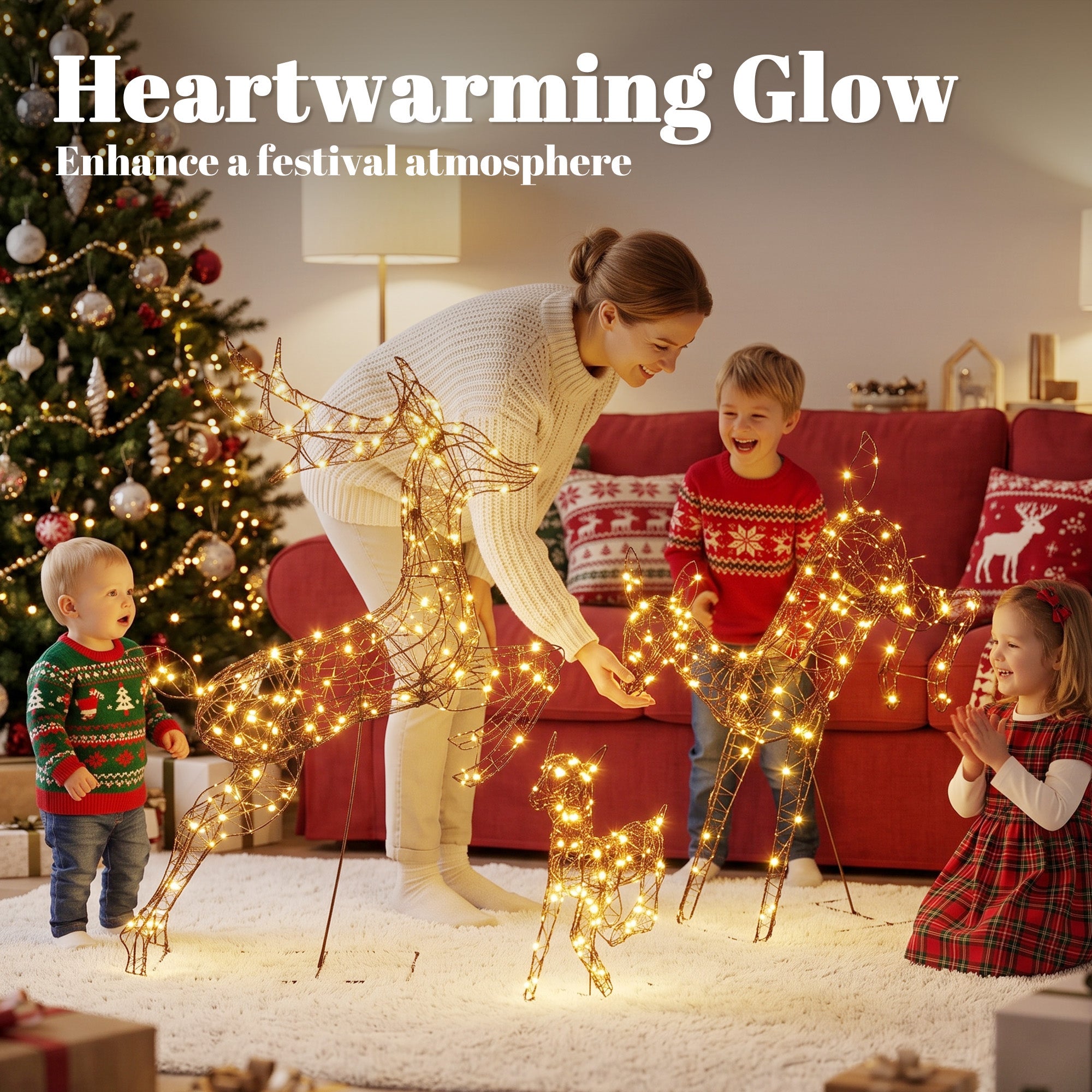 Outsunny 3-Piece Light Up Deer Family Set of 3, Lighted Reindeer Christmas Decorations Outdoor with 200 LED Lights, Brown