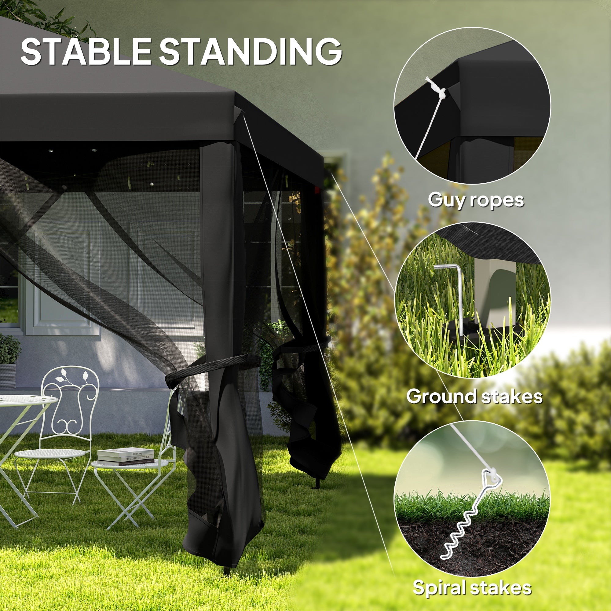 Outsunny 3 x 3 m Pop Up Gazebo, 420D Garden Tent Canopy with Removable Mesh Sidewall Netting, Carry Bag for Garden Patio Outdoor, Black - North Peak Garden Furniture