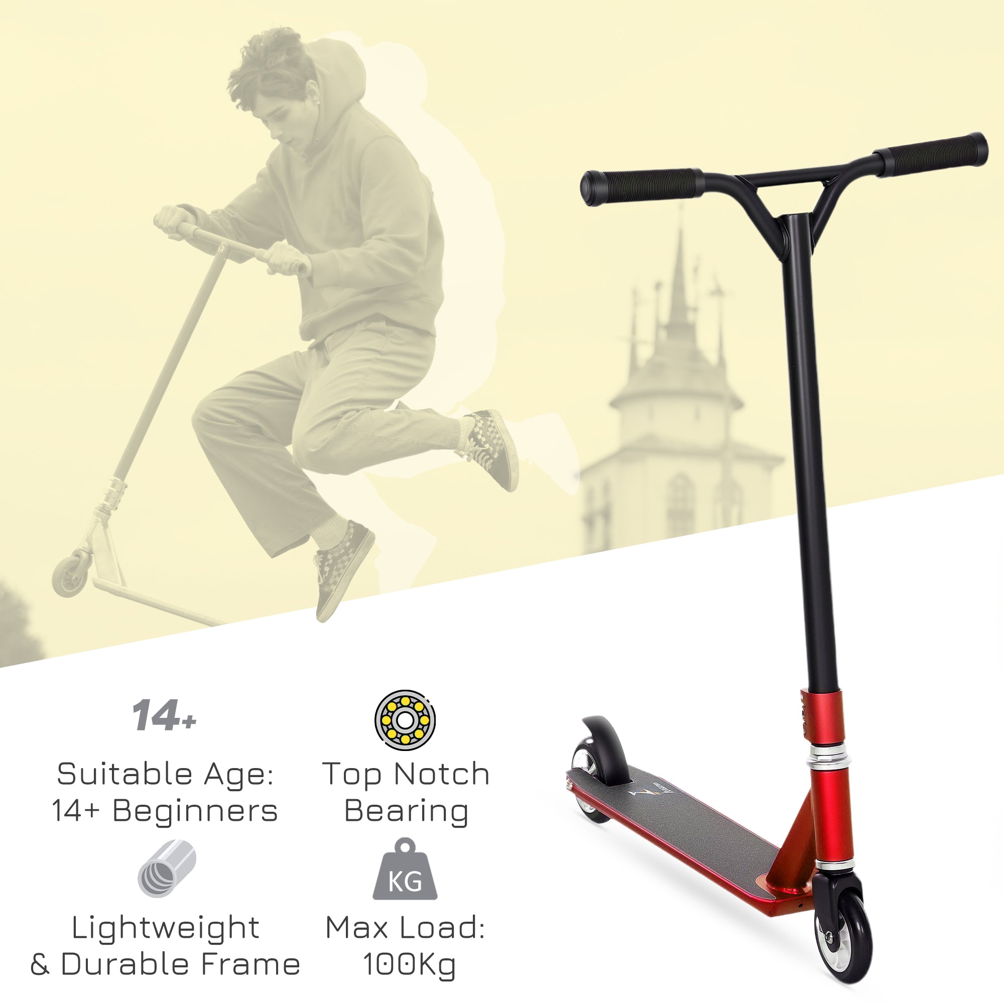 HOMCOM Stunt Scooter, 360° Entry Level Tricks Scooter w/ Lightweight Aluminium Deck and ABEC 7 Bearing, For Age 14+ Beginners, Red - North Peak Garden Furniture