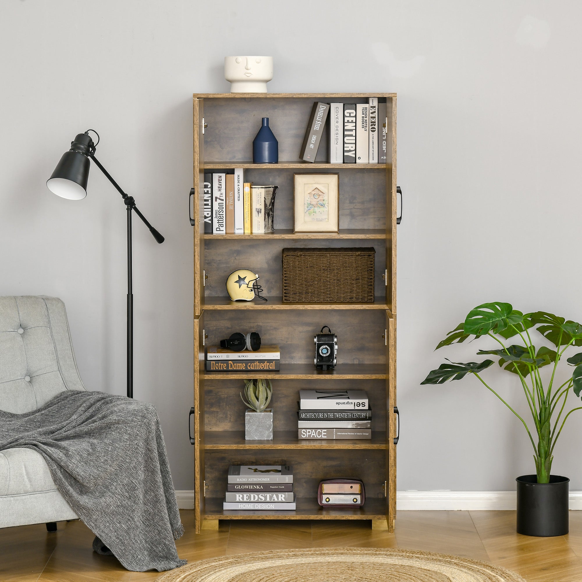 HOMCOM Farmhouse 4-Door Cabinet, Freestanding Tall Cupboard with Storage Shelves for Bedroom & Living Room, Rustic Wood Effect - North Peak Garden Furniture