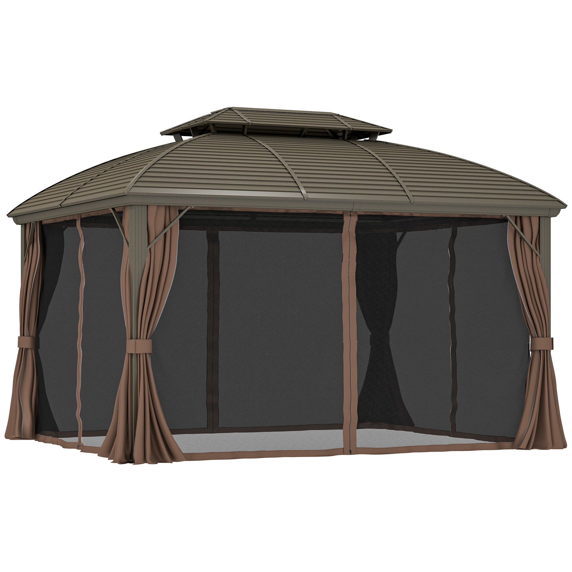 Outsunny 3.65 x 3(m) Hardtop Steel Gazebo Canopy with Aluminium Frame, Double Roof, Net Sidewalls and Curtains, Coffee - North Peak Garden Furniture