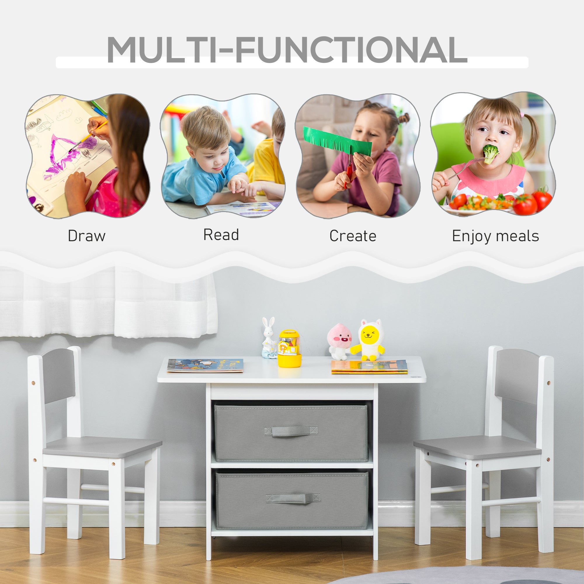 HOMCOM 3 Pcs Kids Table & Chairs Set Mini Seating Furniture Home Playroom Bedroom Dining Room w/ Storage Drawers Safe Corners for 2-4 Years old White - North Peak Garden Furniture