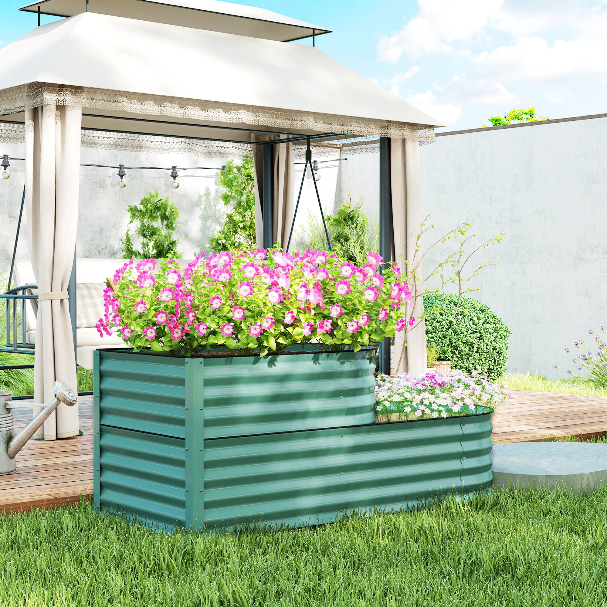 Outsunny Two-Tier Galvanised Steel Garden Planter - Dark Green - North Peak Garden Furniture
