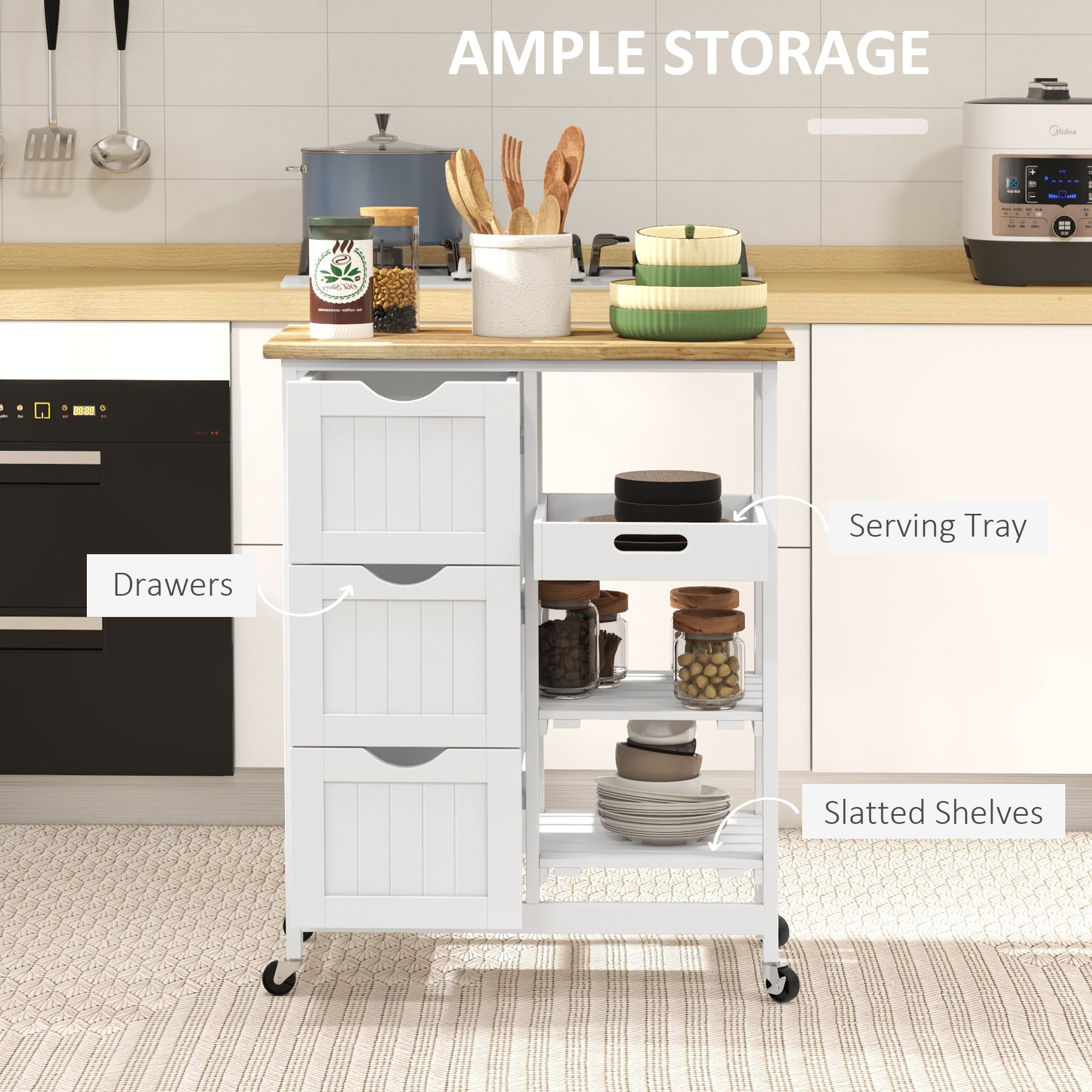 HOMCOM Rolling Kitchen Island Cart, Bar Serving Cart, Compact Trolley on Wheels with Wood Top, Shelves & Drawers for Home Dining Area, White - North Peak Garden Furniture