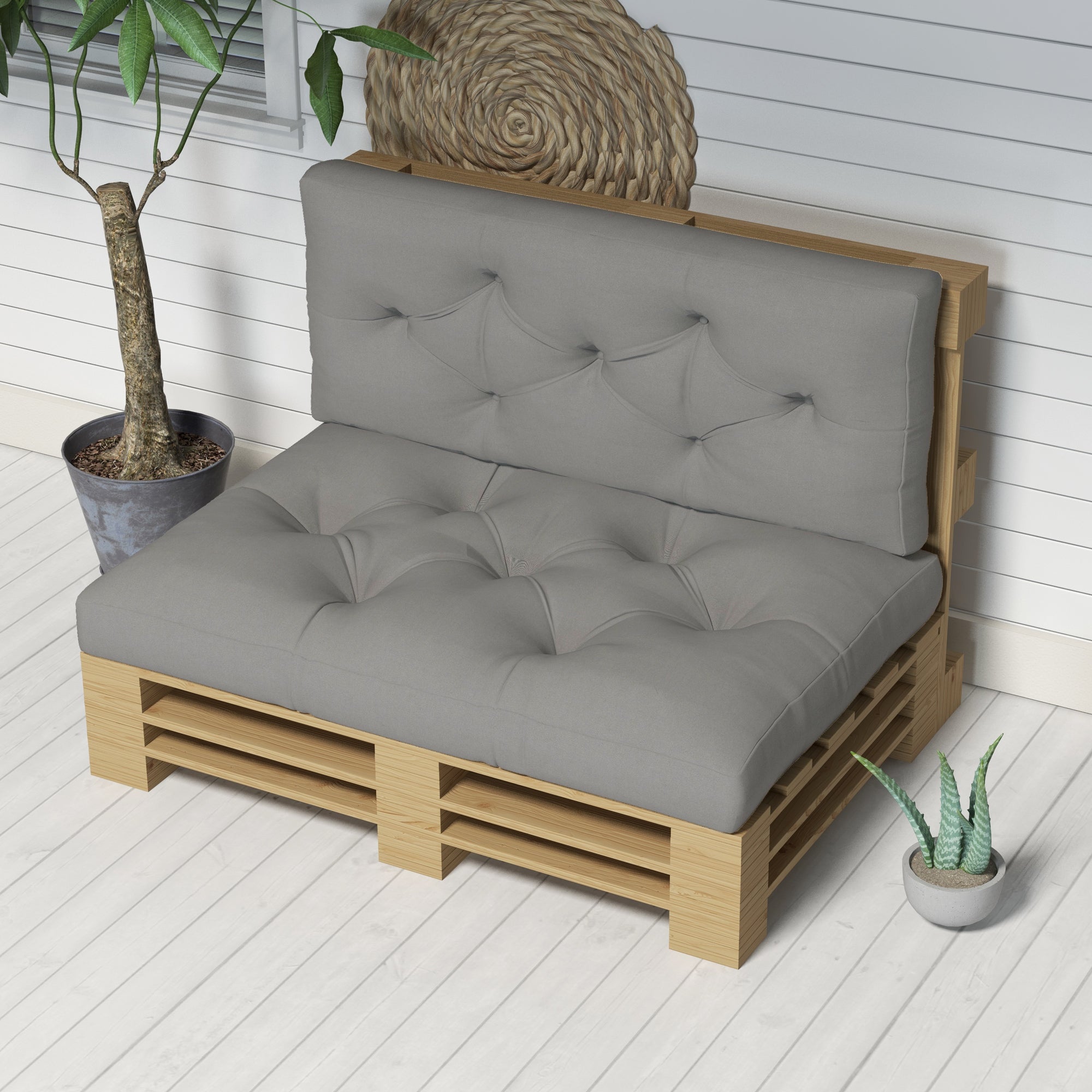 Outsunny 2 Seater Pallet Seat Cushions Back Pillows Replacement, Patio Chair Cushions Set for Indoor Outdoor, Light Grey - North Peak Garden Furniture