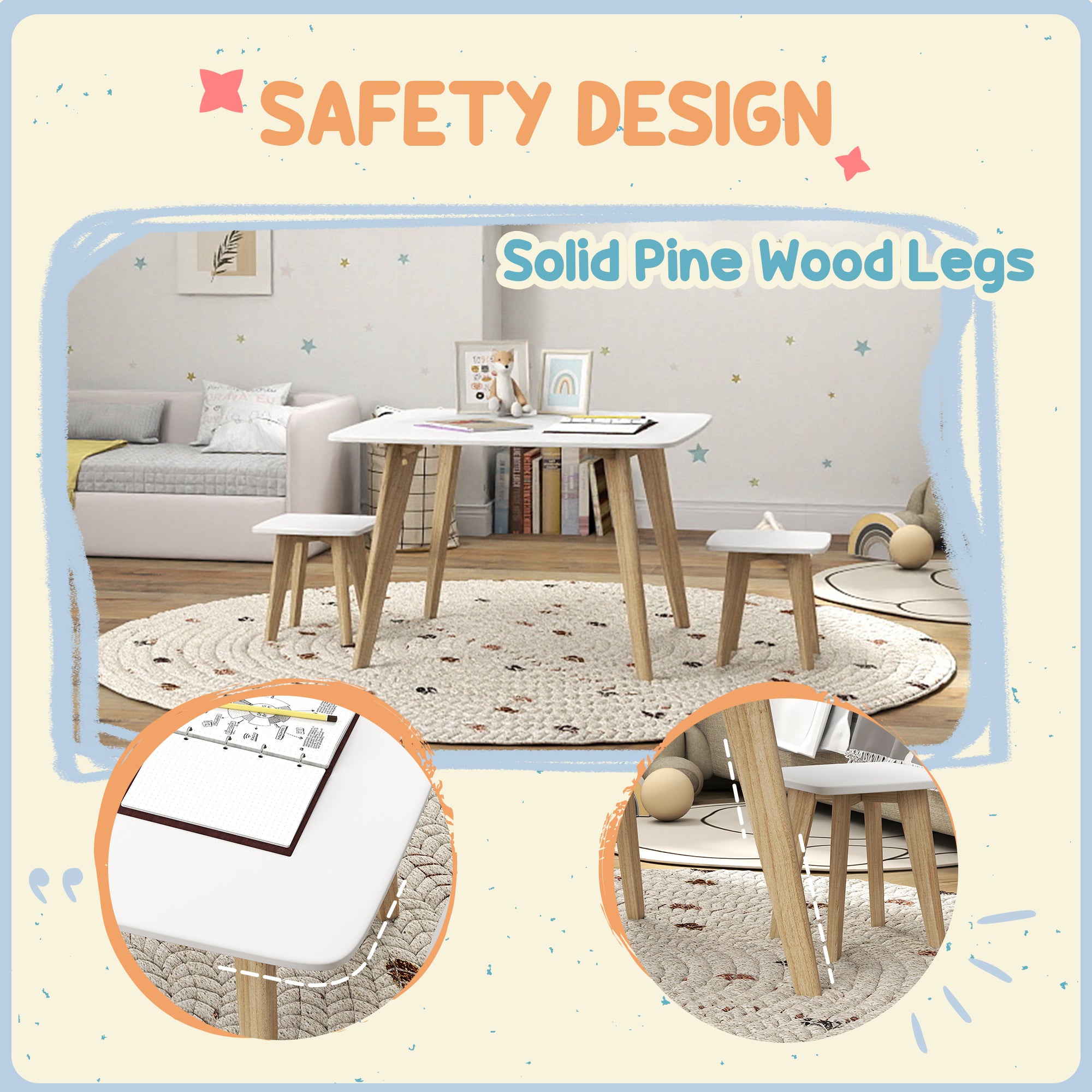 AIYAPLAY Kids Table and Chair Set, 3-Piece Toddler Furniture Set for Playroom, Bedroom, Ages 3-8 Years, White - North Peak Garden Furniture