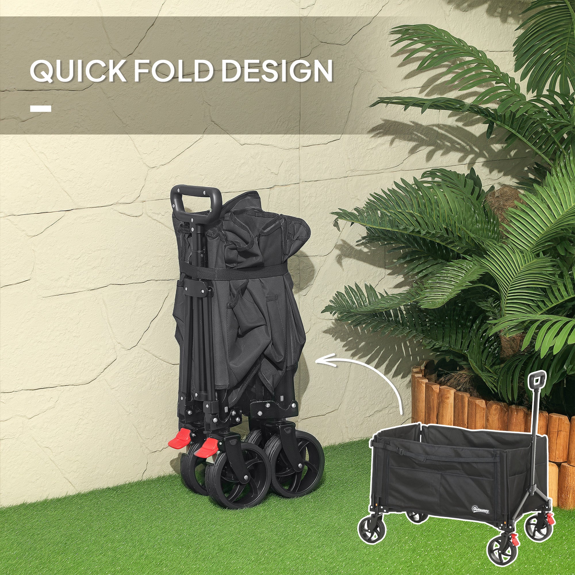Outsunny Folding Trolley on Wheels, 150L Collapsible Wagon Festival Trolley Cart with Openable Sides, Adjustable Handle and Brakes for Shopping Camping Beach and Garden, Black - North Peak Garden Furniture