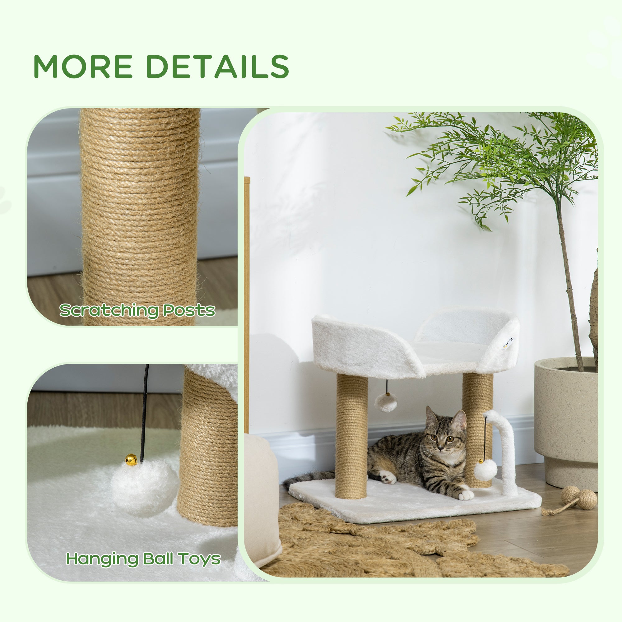 PawHut 42cm Indoor Cat Tree, with Toy Balls, Jute Scratching Post - White - North Peak Garden Furniture