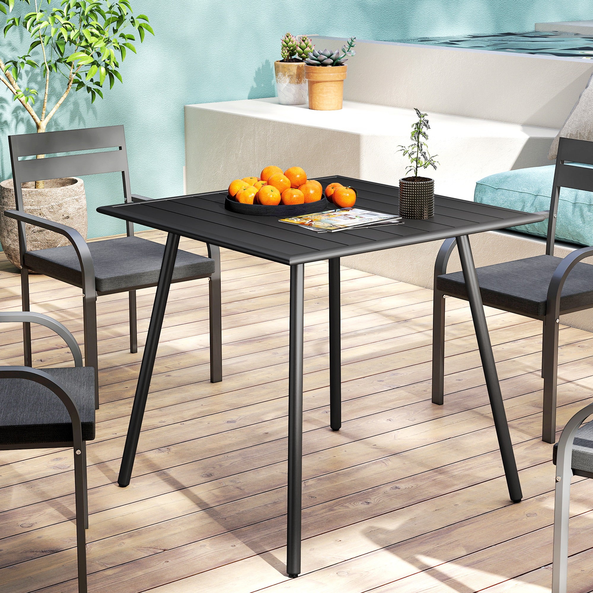 Outsunny Square Garden Table with Slat Top, Steel Frame, Outdoor Table for 4 Person, 80 x 80 x 74 cm, Black - North Peak Garden Furniture