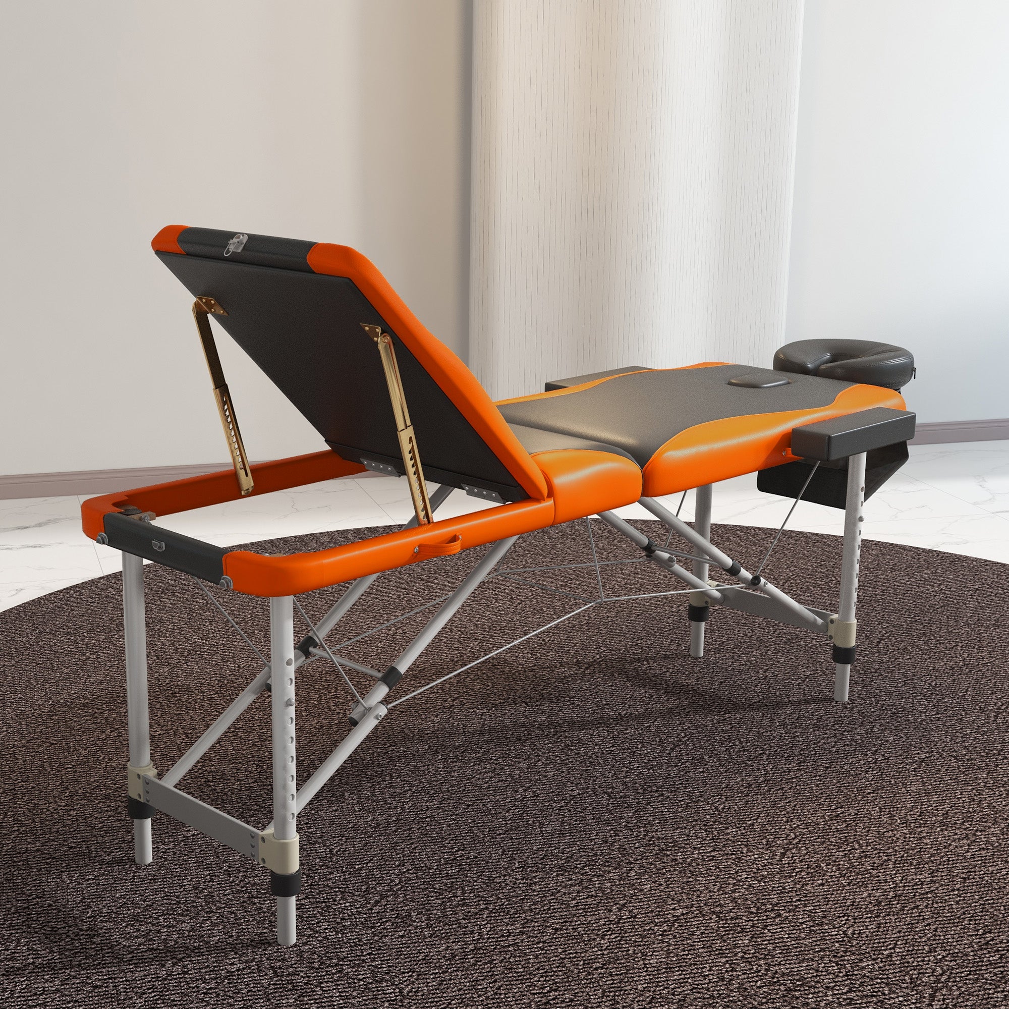 HOMCOM Foldable Massage Bed Portable Table, 3-Section Aluminium Foldable Beauty Couch, Professional Salon Spa Table with Headrest Support, 60 cm Width, Black and Orange
