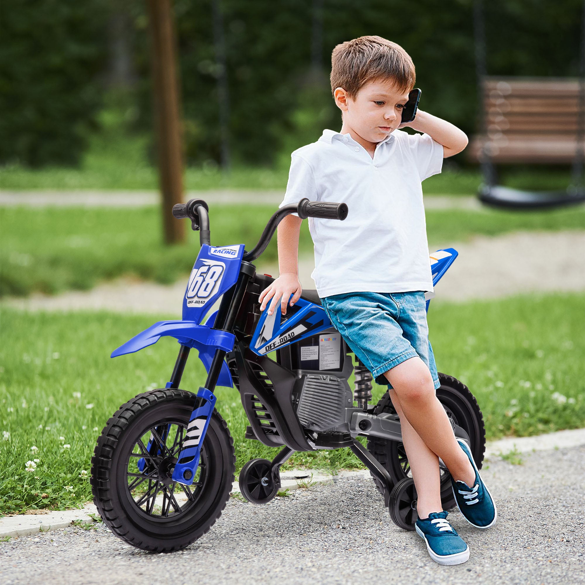 AIYAPLAY 12V Kids Electric Motorbike, Kids Electric Ride on motorcycle w/ Twist Grip Throttle, Training Wheels, Blue - North Peak Garden Furniture