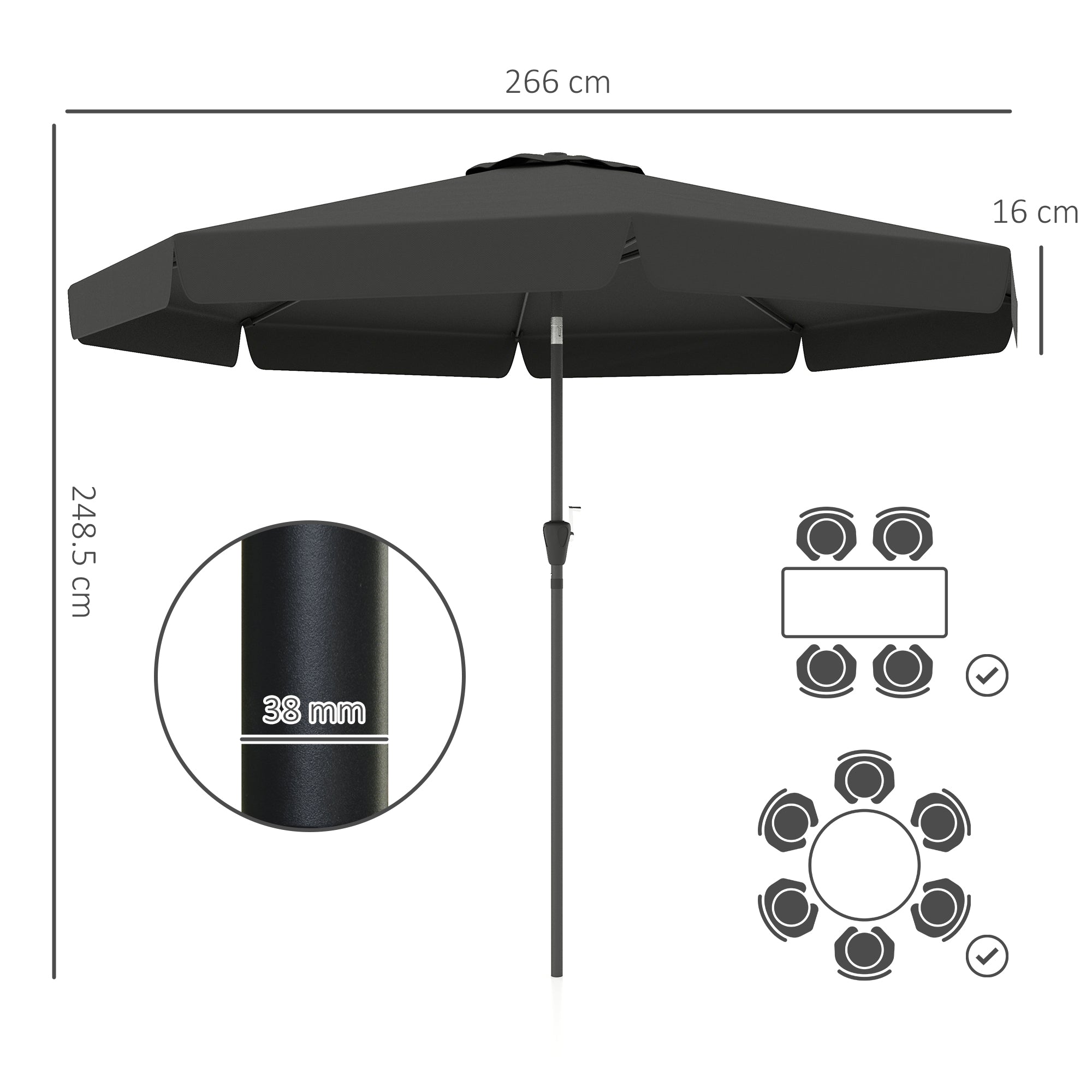 Outsunny 2.7m Patio Parasol Garden Umbrellas Outdoor Sun Shade Table Umbrella with Tilt, Crank, 8 Ribs, Ruffles, Black