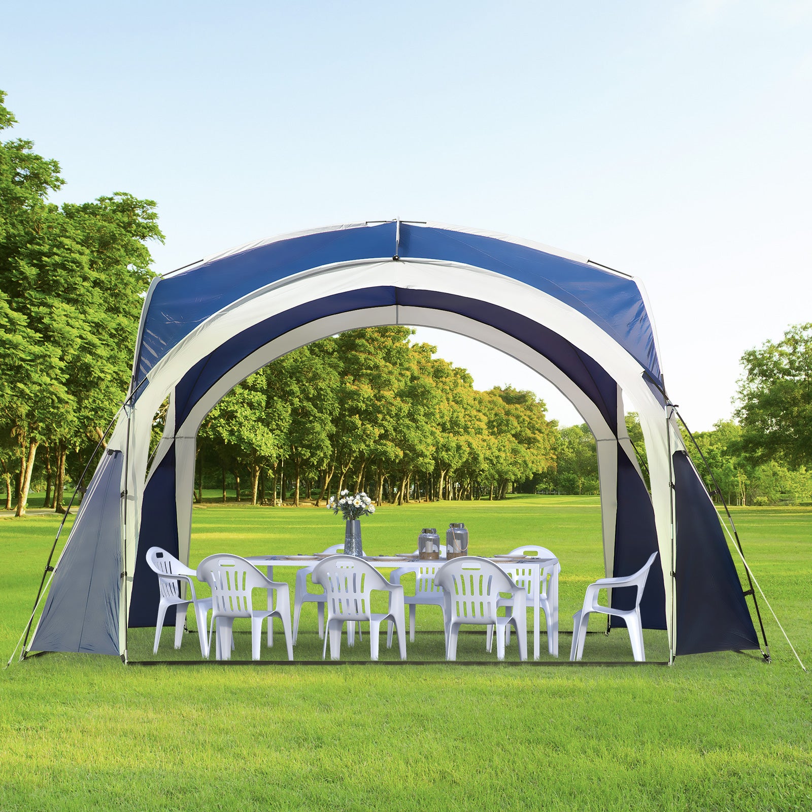 Outsunny 3.5 x 3.5M Gazebo Outdoor Marquee Tent Garden Sun Shelter Patio Spire Arc Pavilion Camp Sun Shade Blue and Grey