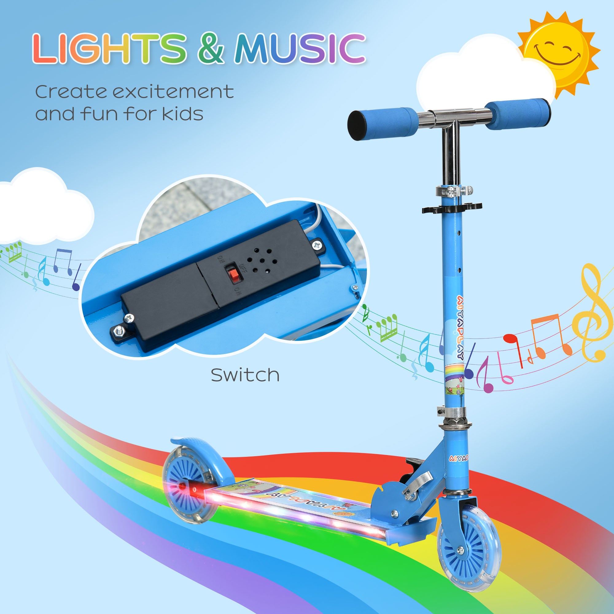 HOMCOM Kids Scooter, with Lights, Music, Adjustable Height, Foldable Frame, for Ages 3-7 Years - Blue - North Peak Garden Furniture