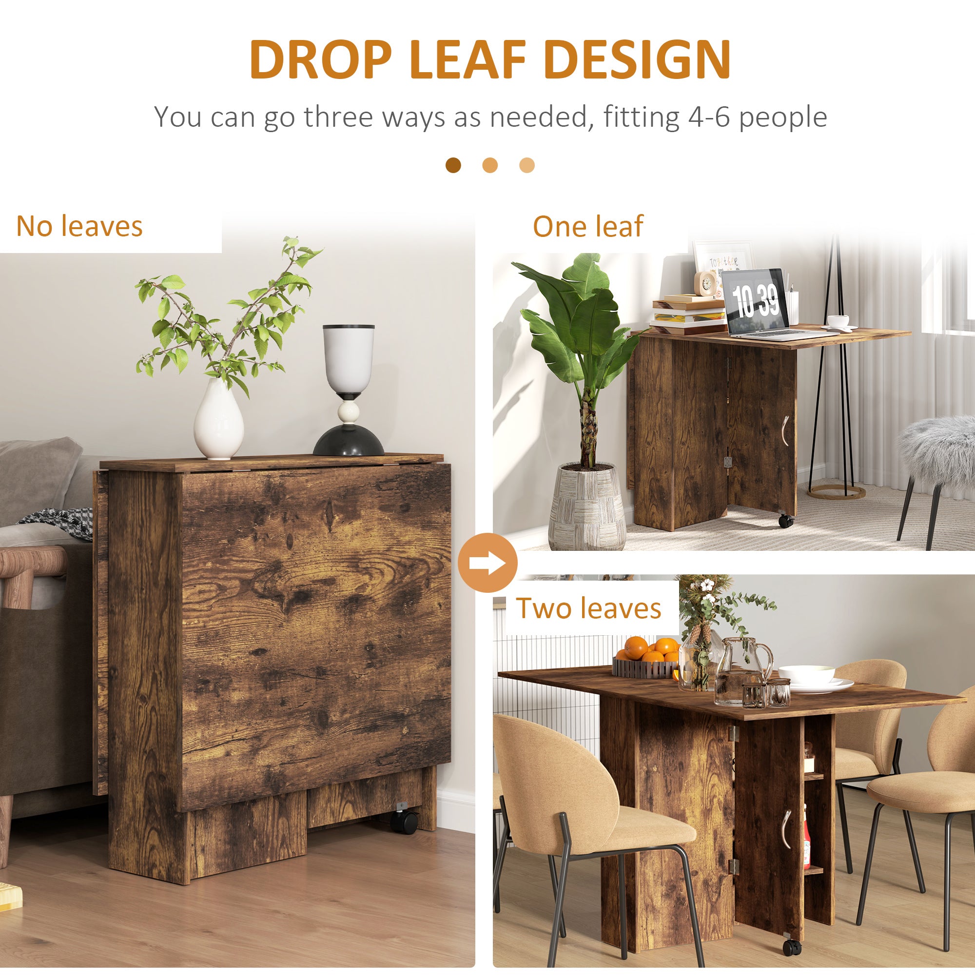 HOMCOM 80-140 cm Folding Dining Table for 4-6 People, Drop Leaf Table with 2-Tier Shelves, Rolling Casters, Rustic Brown