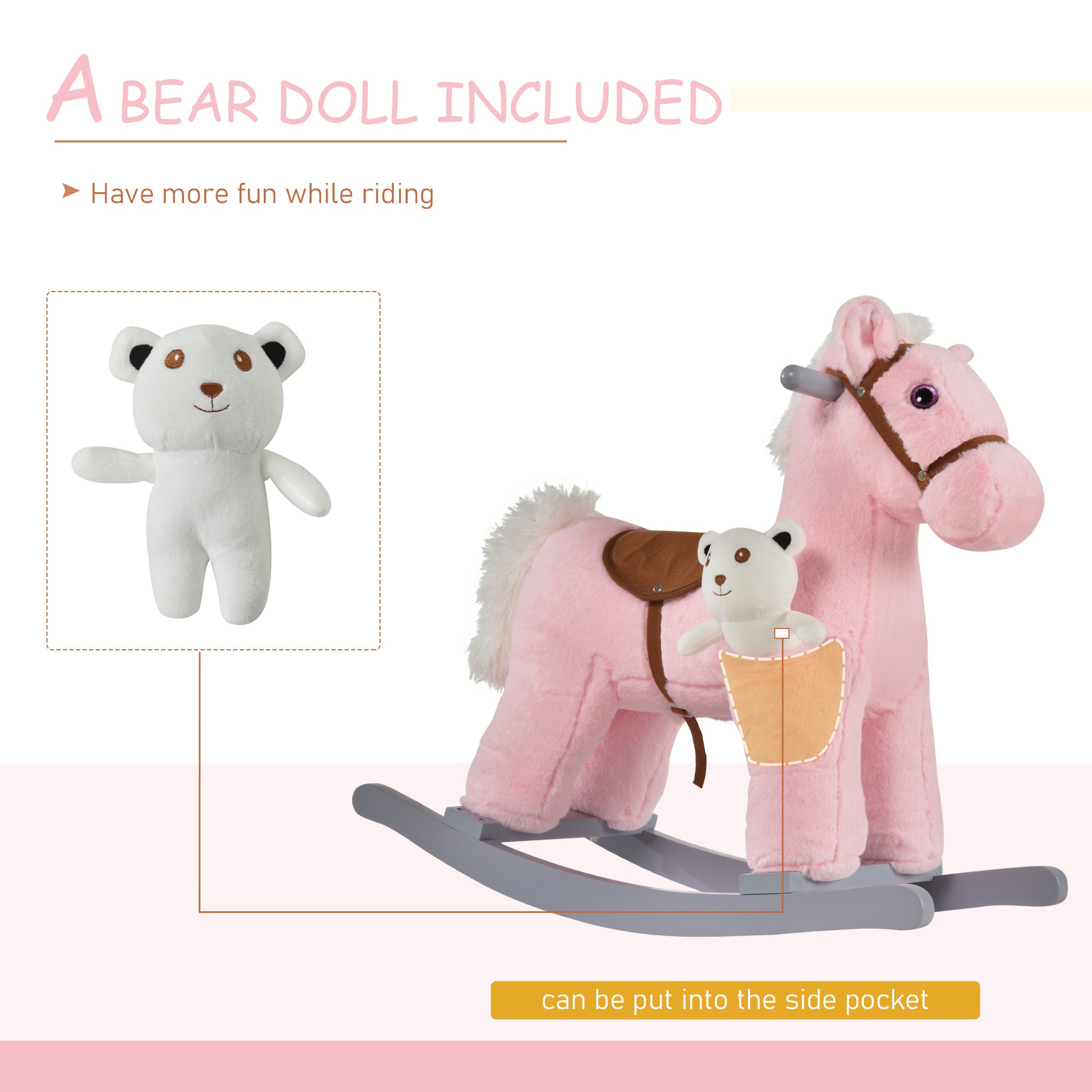 HOMCOM Kids Plush Ride-On Rocking Horse Toy Rocker with Plush Toy Realistic Sounds for Child 18-36 Months Pink - North Peak Garden Furniture