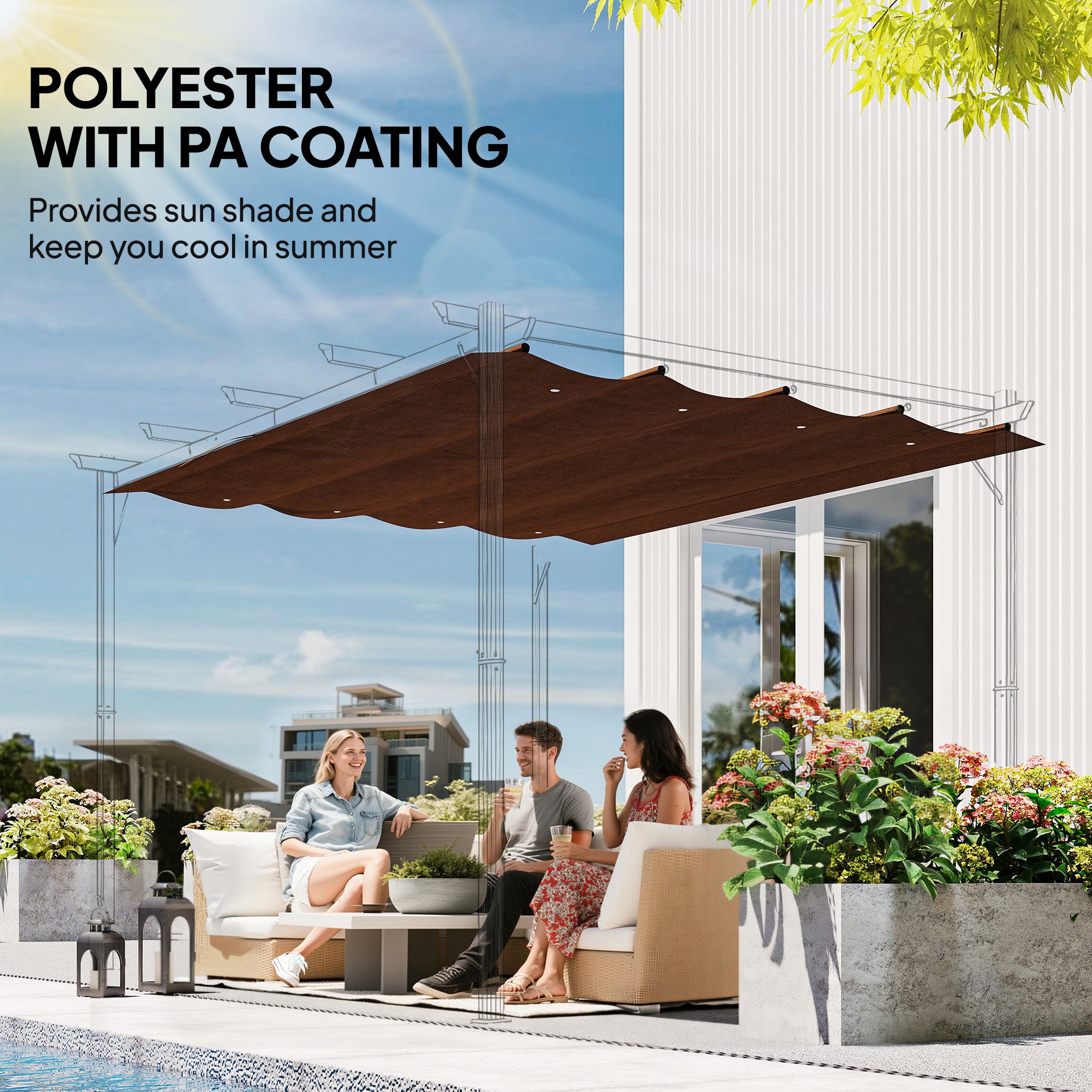Outsunny Pergola Roof, Retractable Sun Shade Cover for 2.85 x 2m Pergola, UV30+ Protected, Coffee