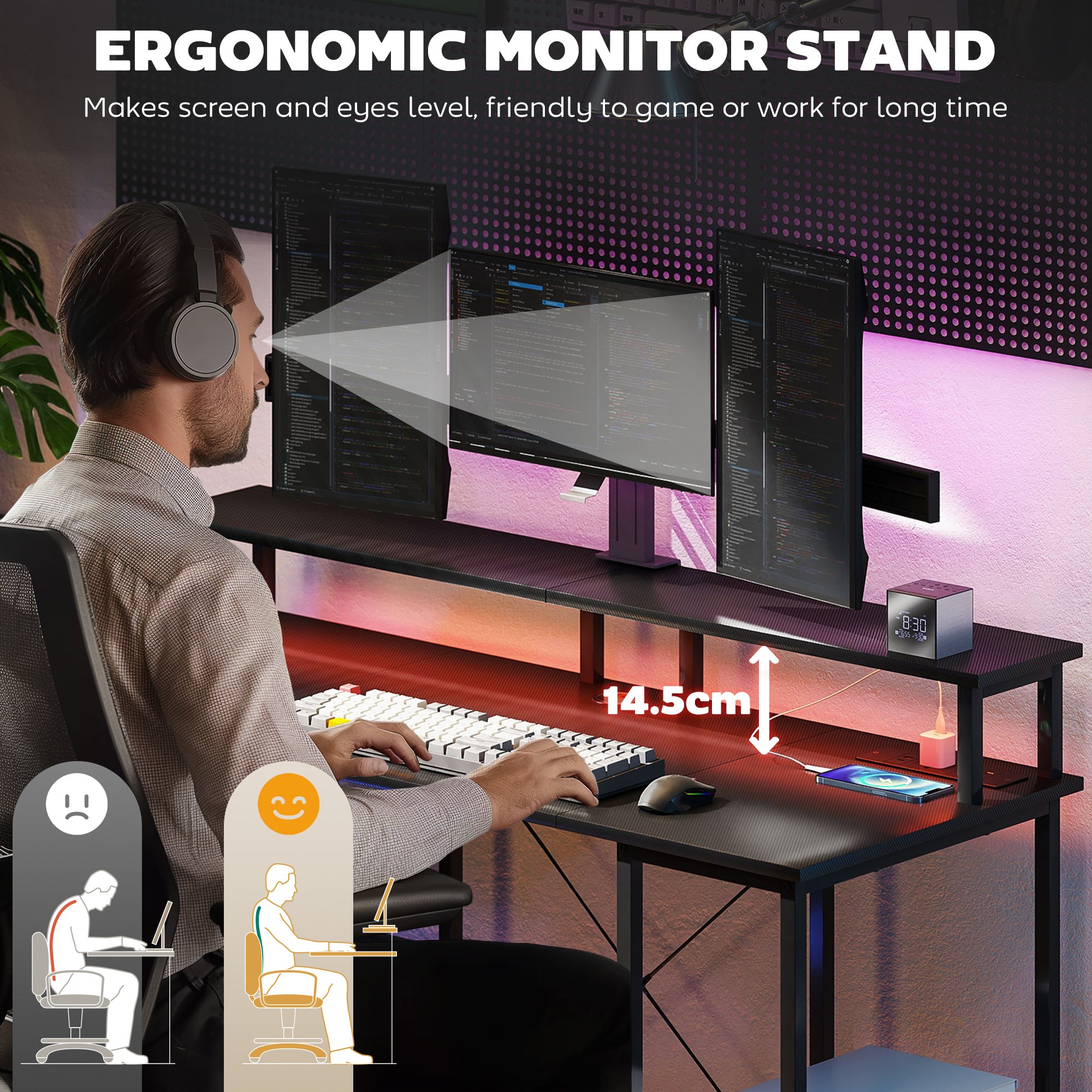 HOMCOM LED Computer Desk, with Power Outlets and Shelves - Carbon Fibre Grey