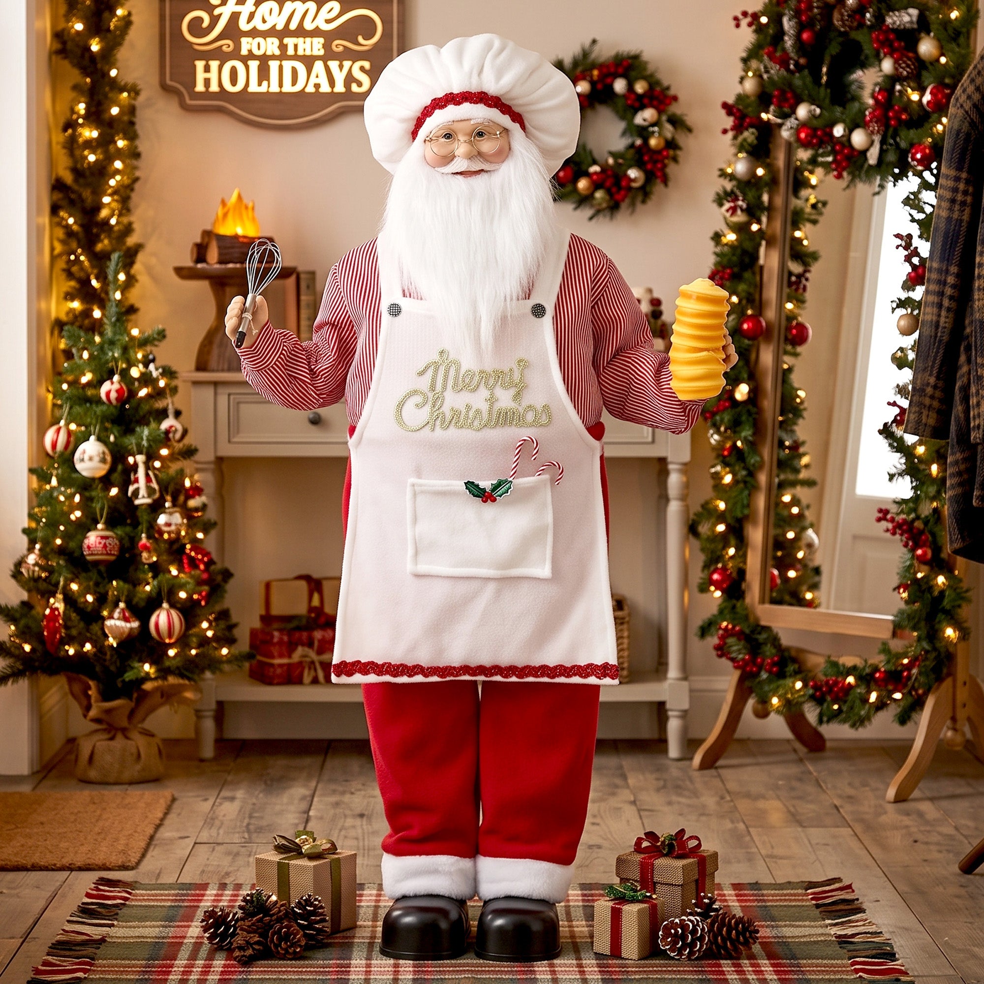 HOMCOM 4ft Singing Cooking Santa Claus, Standing Christmas Animated Santa Figure with Head Moving, Sound/Touch Activated