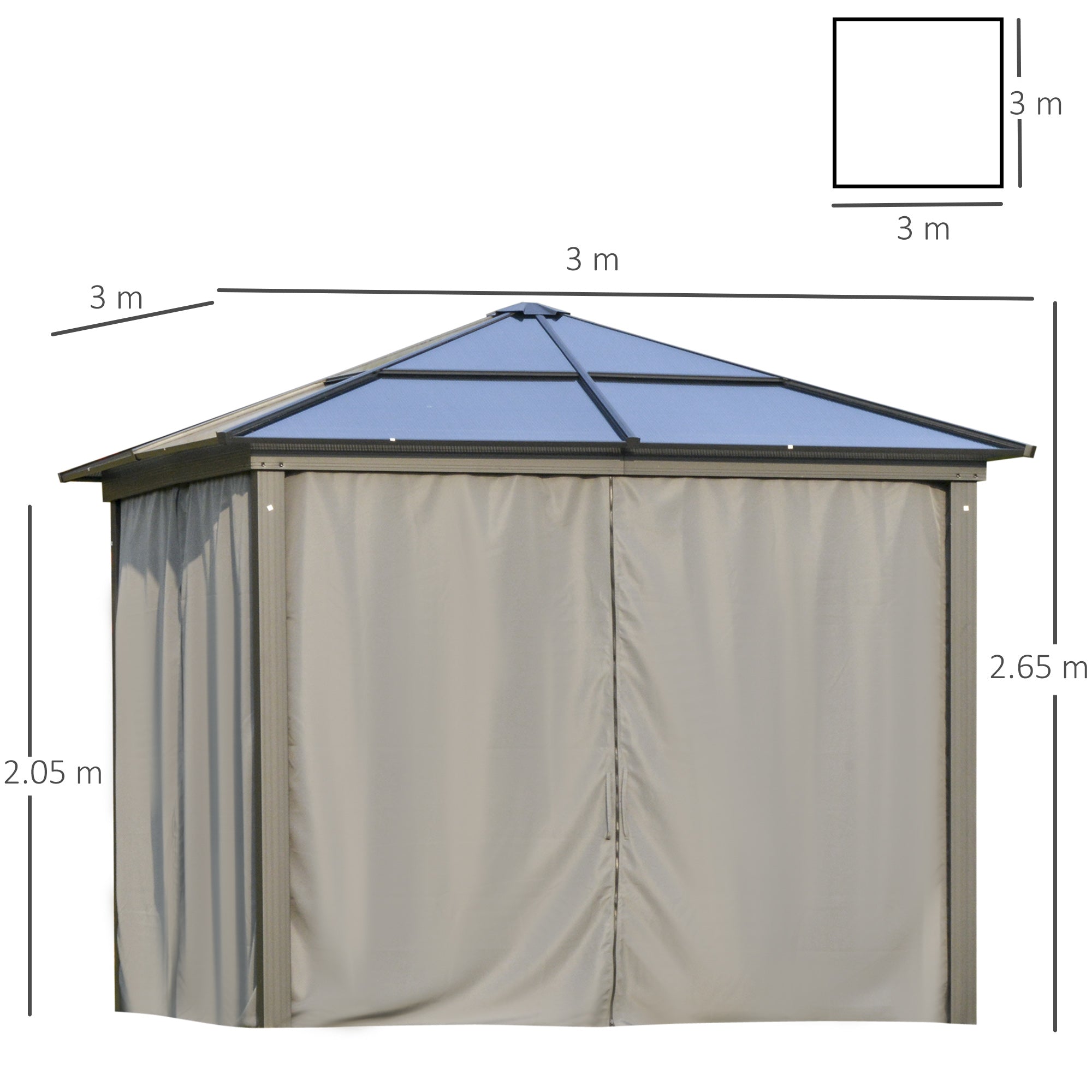 Outsunny 3 x 3(m) Hardtop Gazebo Canopy with Polycarbonate Roof, Aluminium Frame, Permanent Pavilion Garden Gazebo with Netting and Curtains for Patio, Deck, Dark Grey - North Peak Garden Furniture