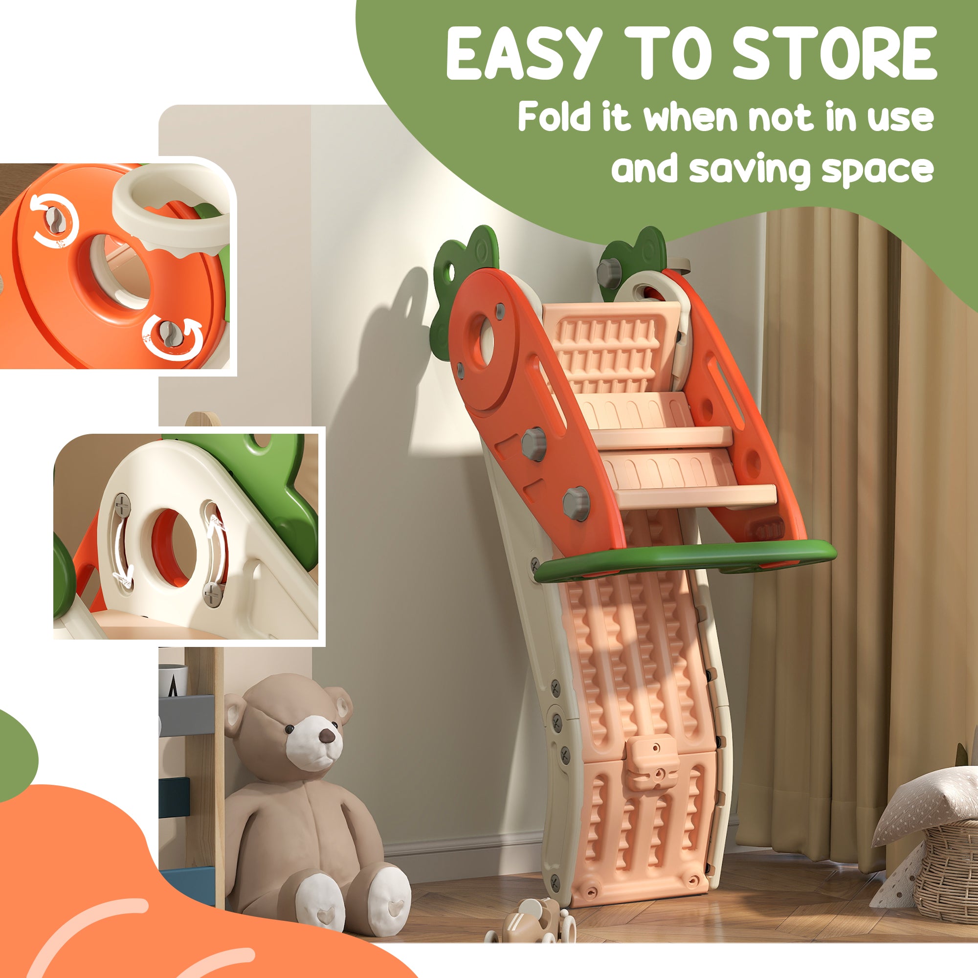 AIYAPLAY 3 in 1 Foldable Toddler Slide with Basketball Hoop, Climber, Carrot-themed, for 1-3 Years - North Peak Garden Furniture